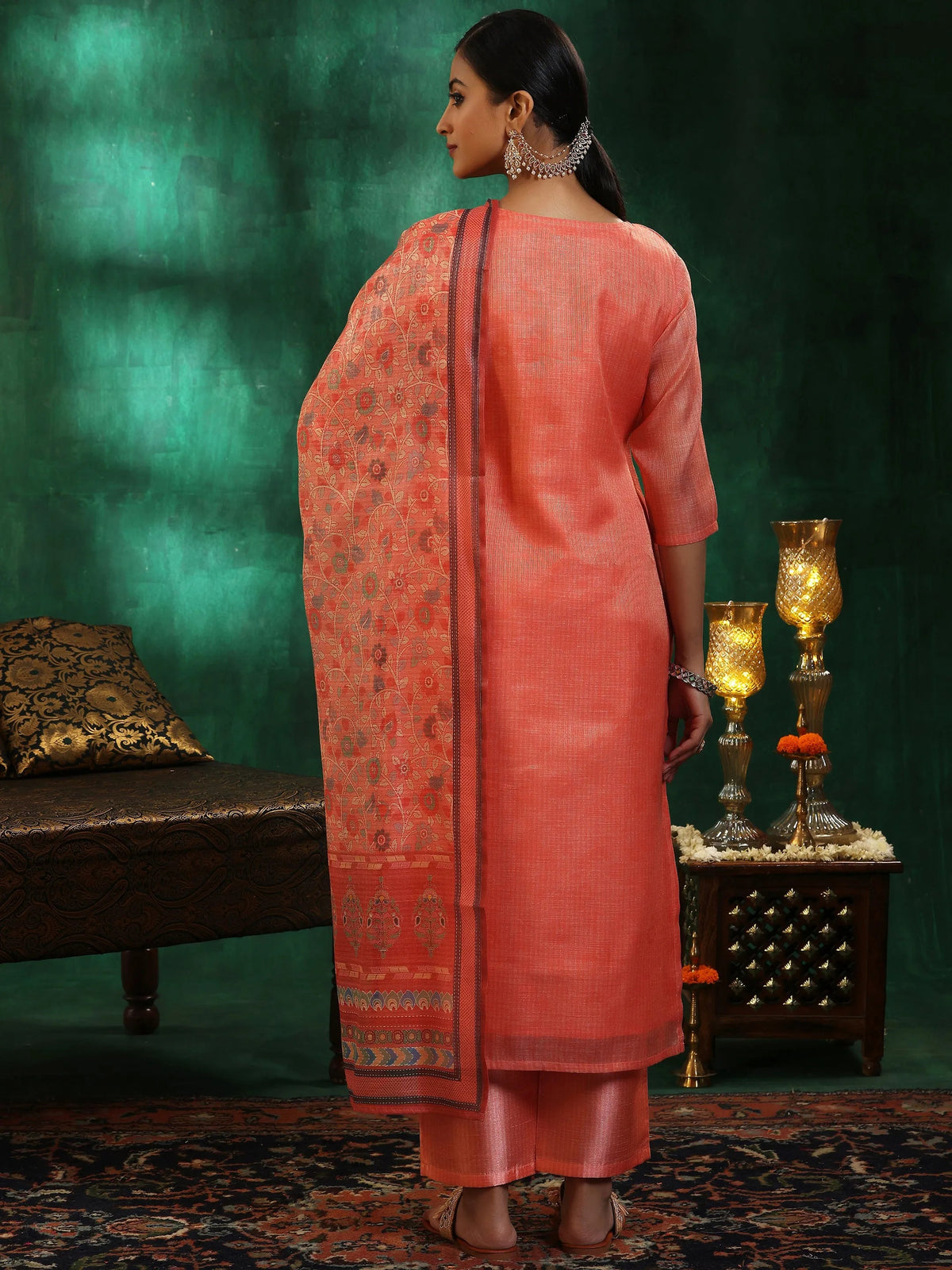 Anouk Peach Yoke Design Silk Blend Straight Suit With Dupatta