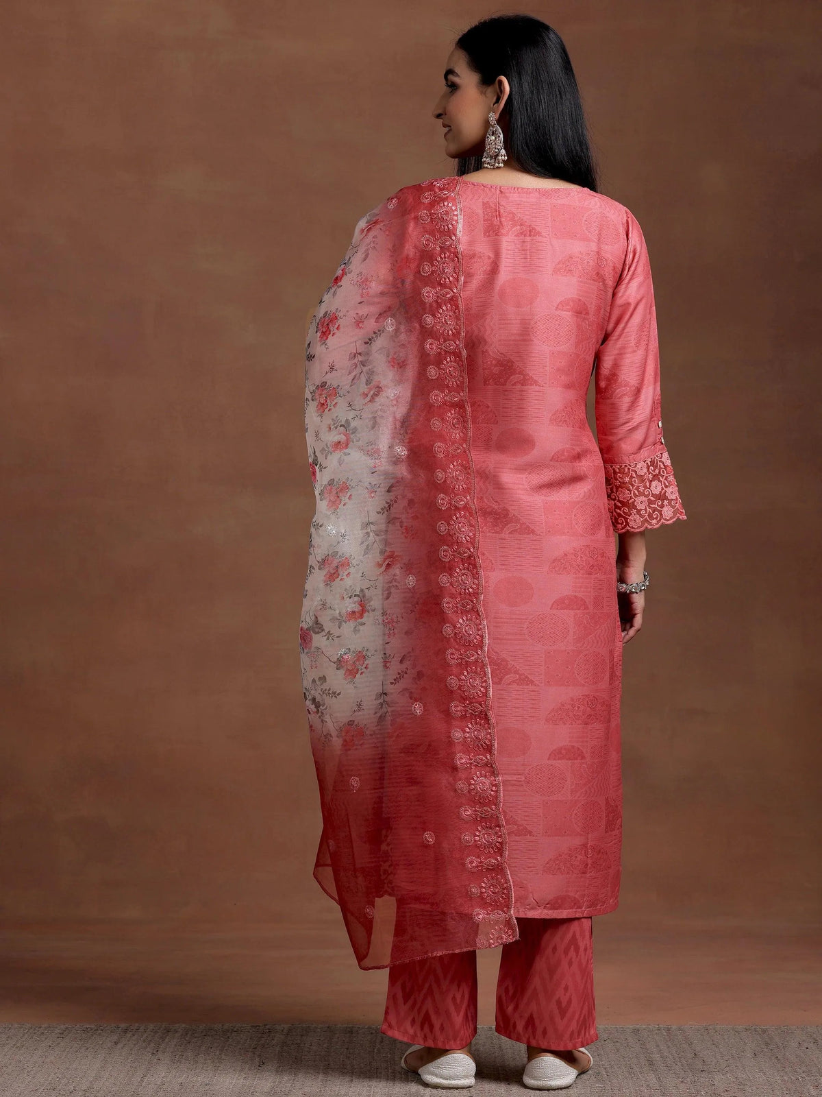 Anouk Peach Embroidered Silk Blend Straight Suit With Dupatta