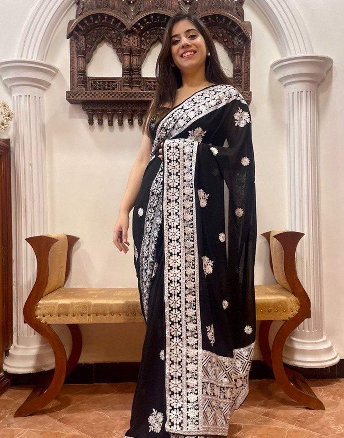 Black Georgette Saree with Beautiful Lucknowi Work and Silk Blouse for Wedding