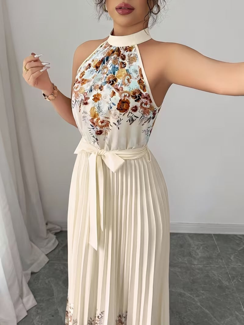 Elegant Floral Halter Neck Pleated Dress – Stylish & Comfortable Summer Outfit for Women