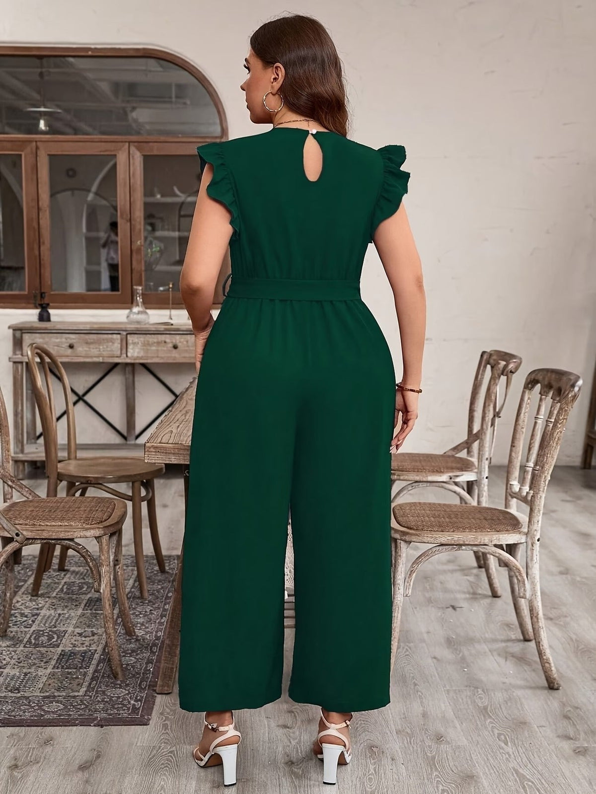 Elegant Ruffle V-Neck Belted Bodysuit – Solid Color Chic Women’s Top