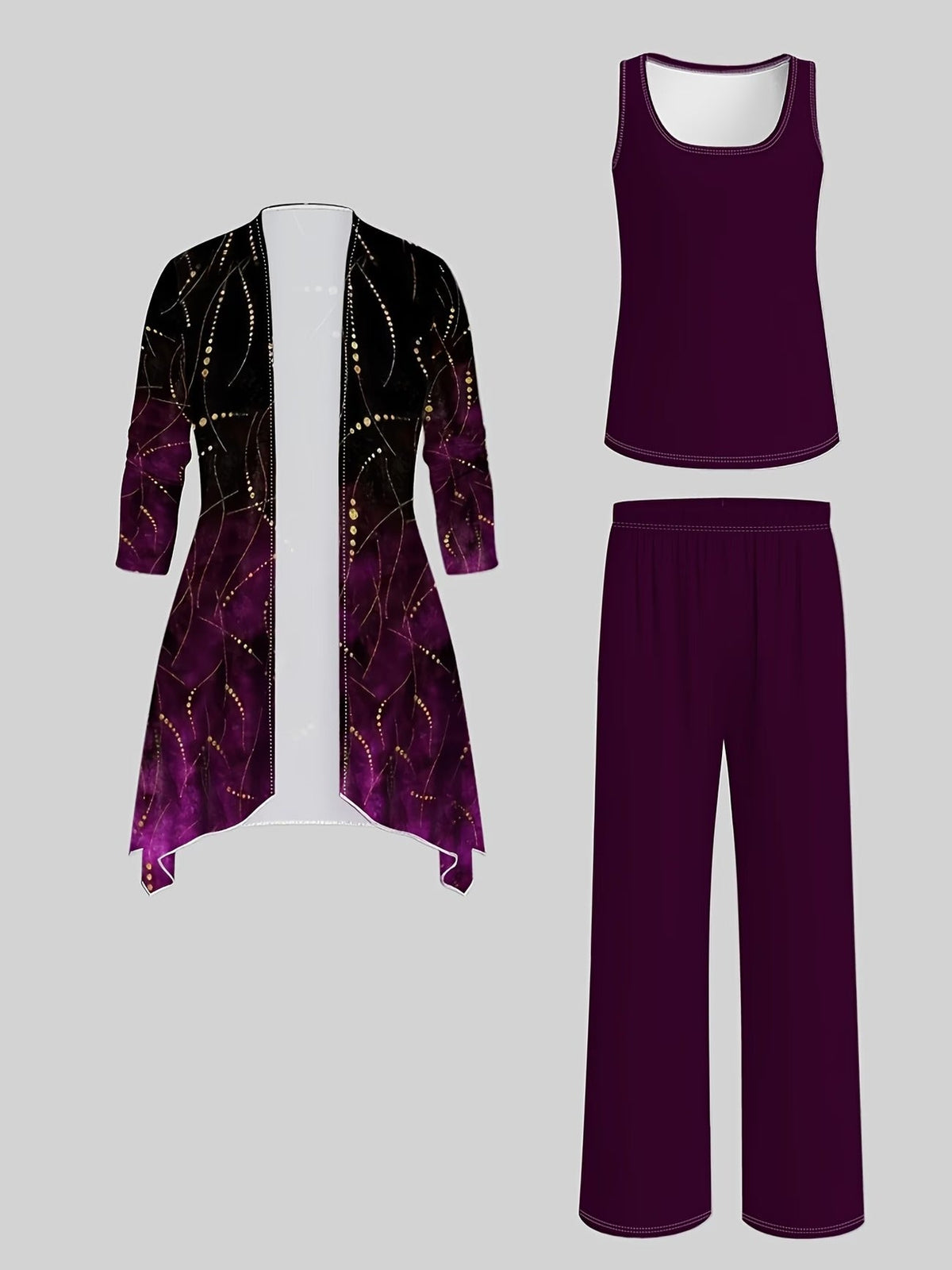 Elegant Pattern Print Cardigan with Tank Top & Casual Pants – Stylish 3-Piece Women’s Outfit Set