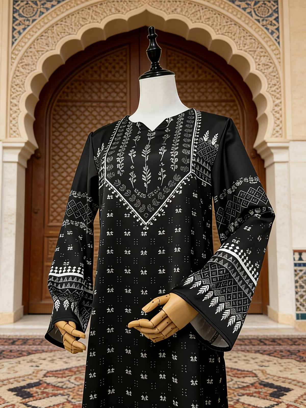 Women’s Luxury Traditional Black Two-Piece Set – Tribal Pattern Long Sleeve Loose Top with Matching Pants (Elegant Muslim Ethnic Style