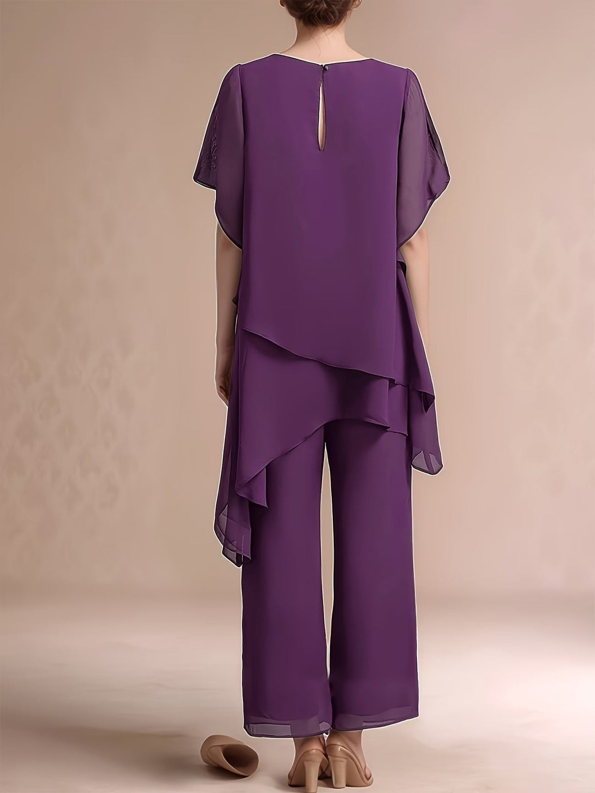Women'S Chiffon Short Sleeve 2pcs Set Solid Color Irregular Elegant Party Fashion Suit