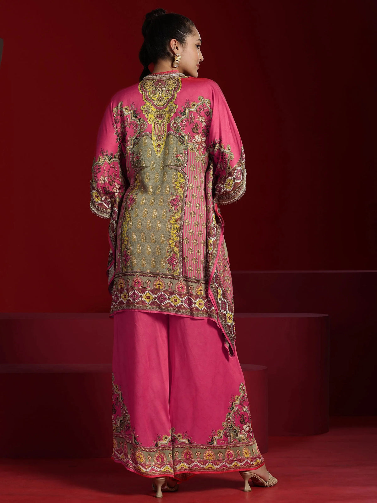 Anouk Art Coral Printed Silk Blend Kaftan Kurta With Palazzos