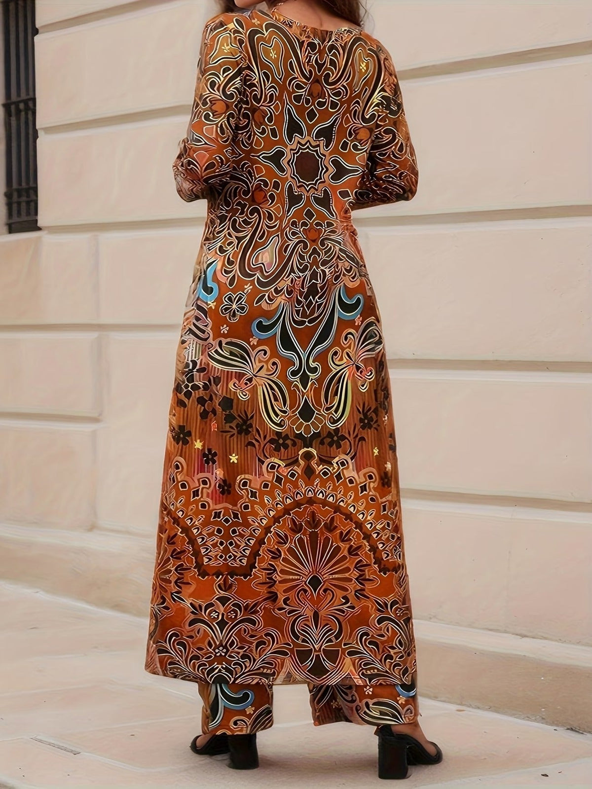 Elegant Marble Pattern Longline Top – Stylish Crew Neck Commuter & Party Wear
