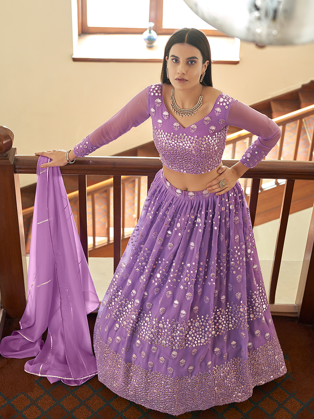 Purple Georgette Semi Stitched Lehenga With Unstitched Blouse