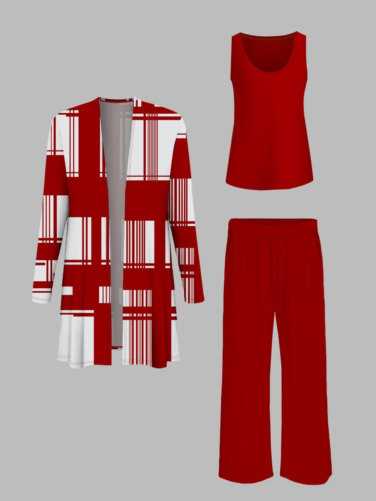 Women’s Stylish 3-Piece Set – Solid Cardigan, Casual Vest & Printed Palazzo Pants
