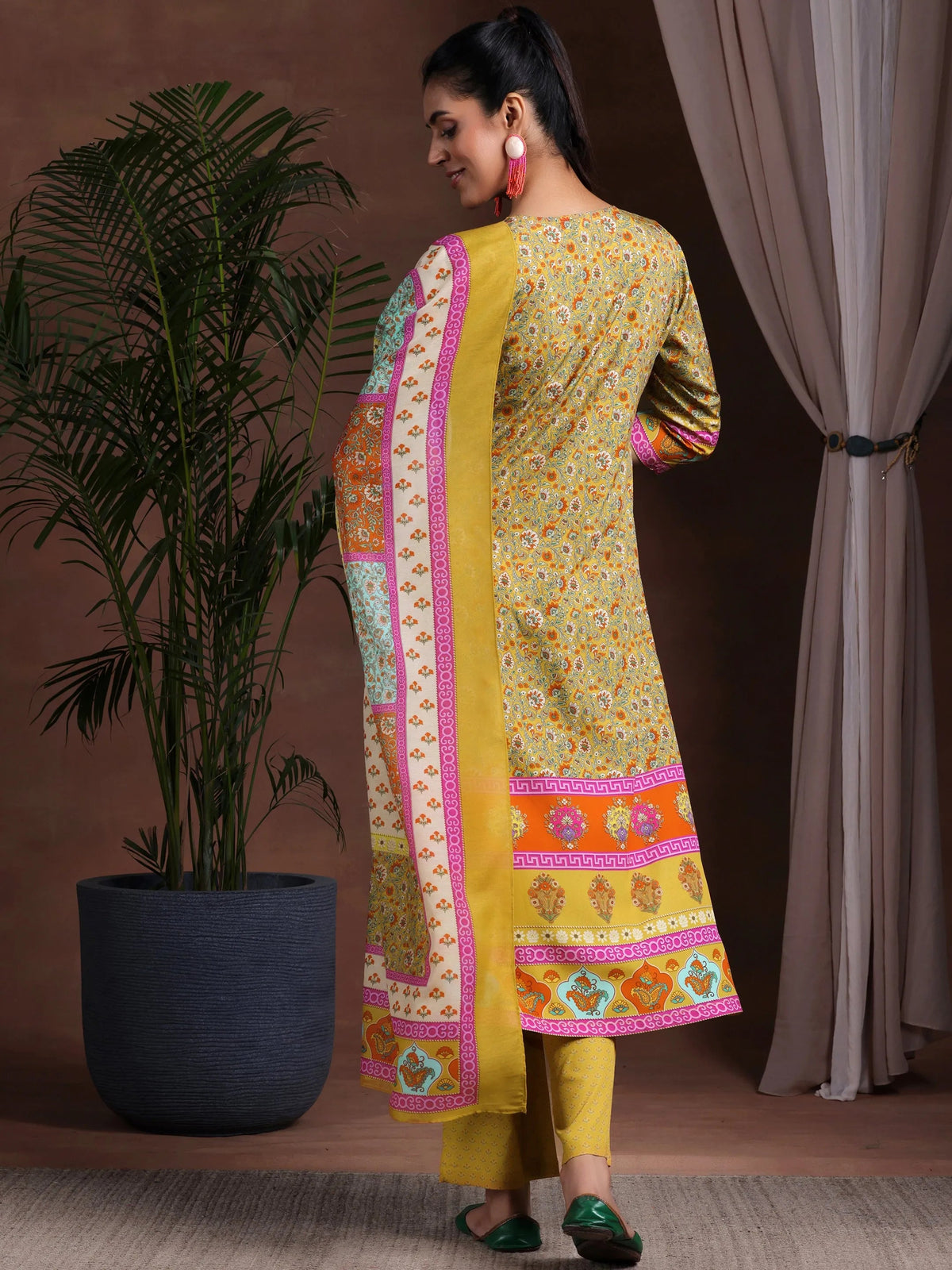 Anouk Mustard Printed Poly Crepe Straight Suit With Dupatta