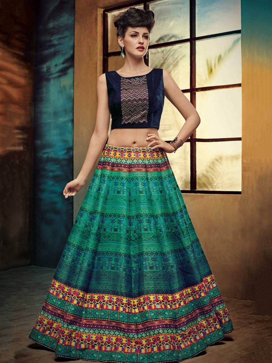 Green and Blue Designer Partywear Lehenga Choli
