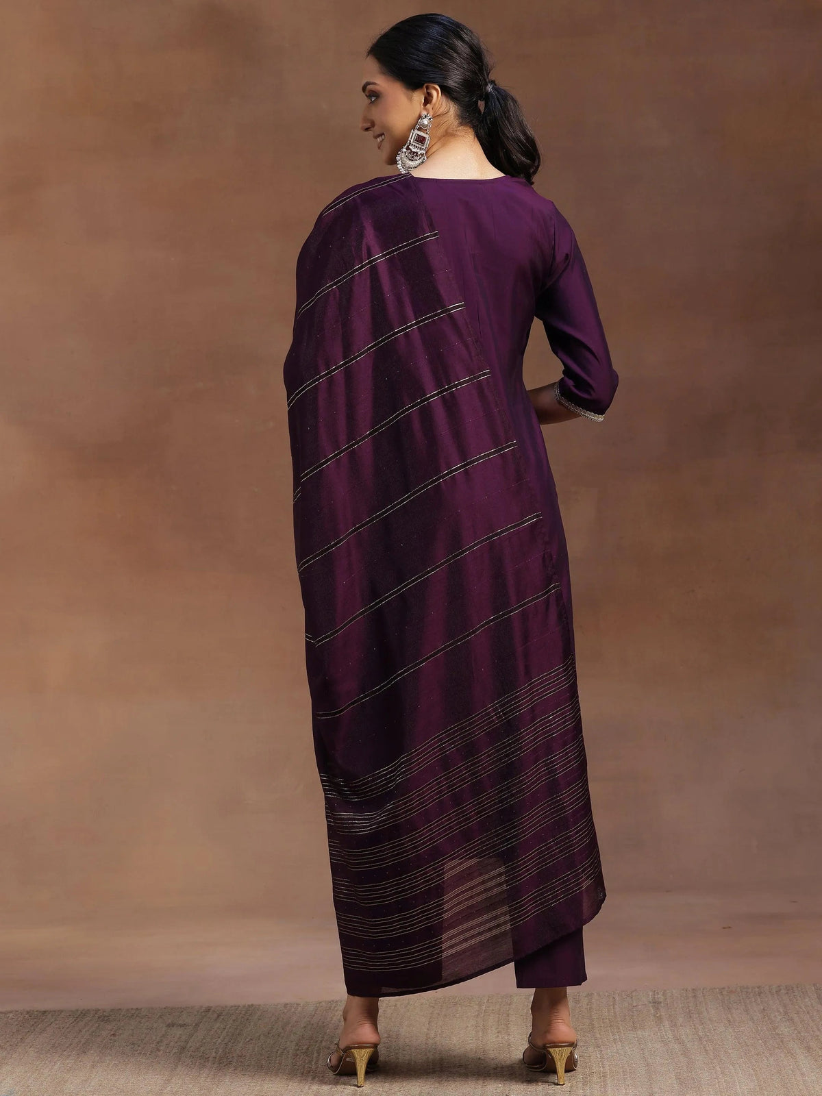 Anouk Purple Embroidered Silk Blend Straight Suit With Dupatta