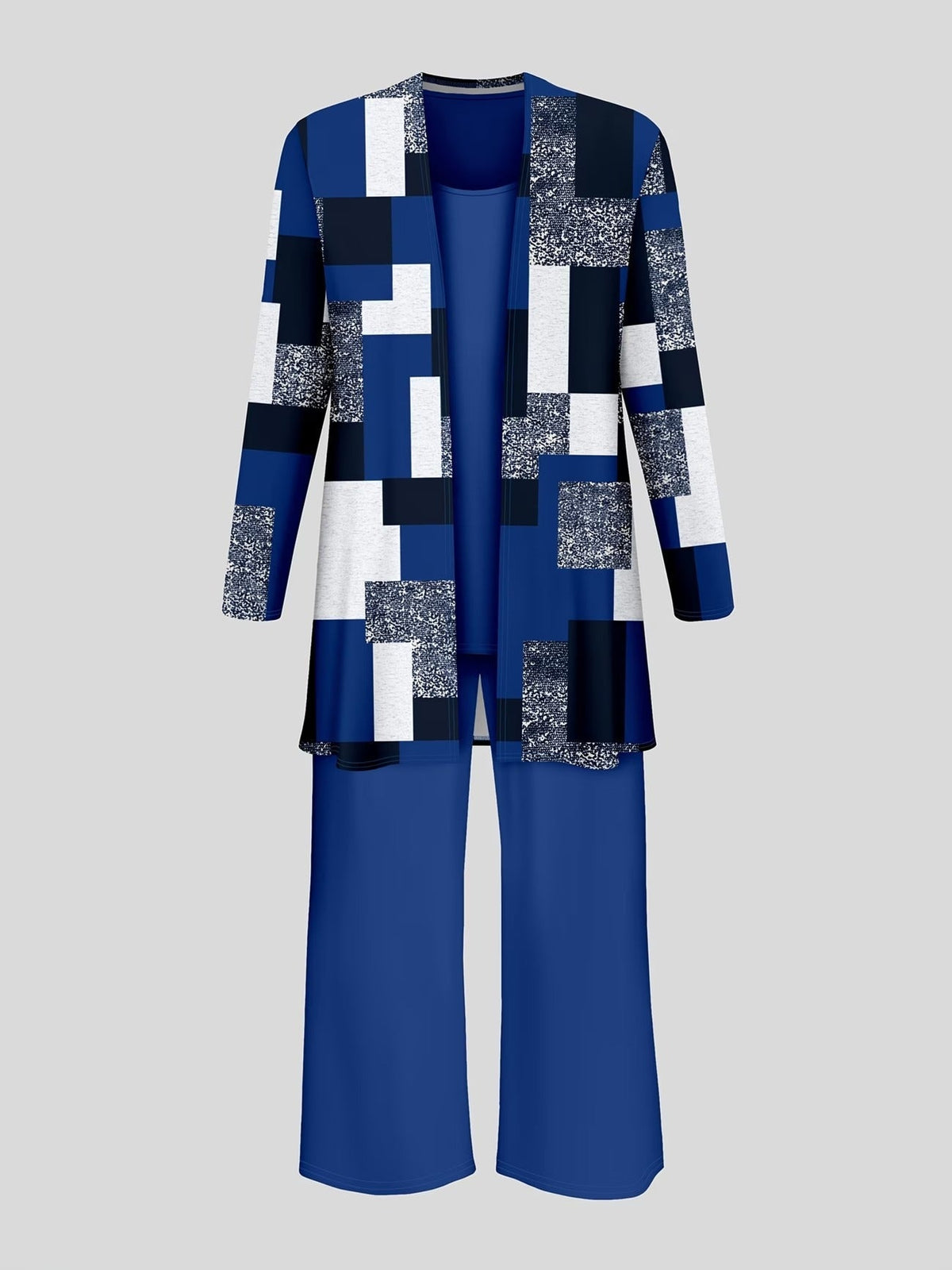 Elegant Printed Cardigan Jacket with Solid Inner Vest & Casual Long Pants – Stylish 3-Piece Women’s Set