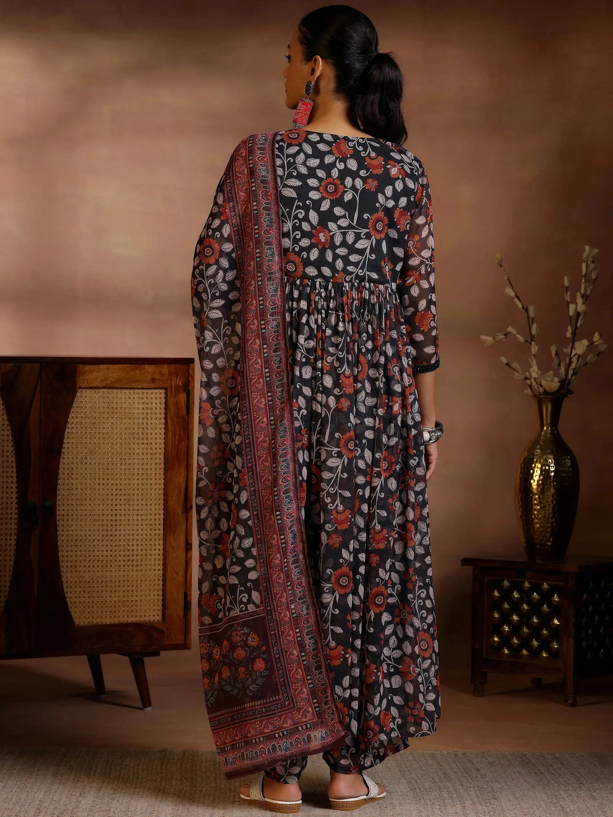 Anouk Black Printed Poly Chiffon A-Line Kurta With Palazzos & Dupatta
