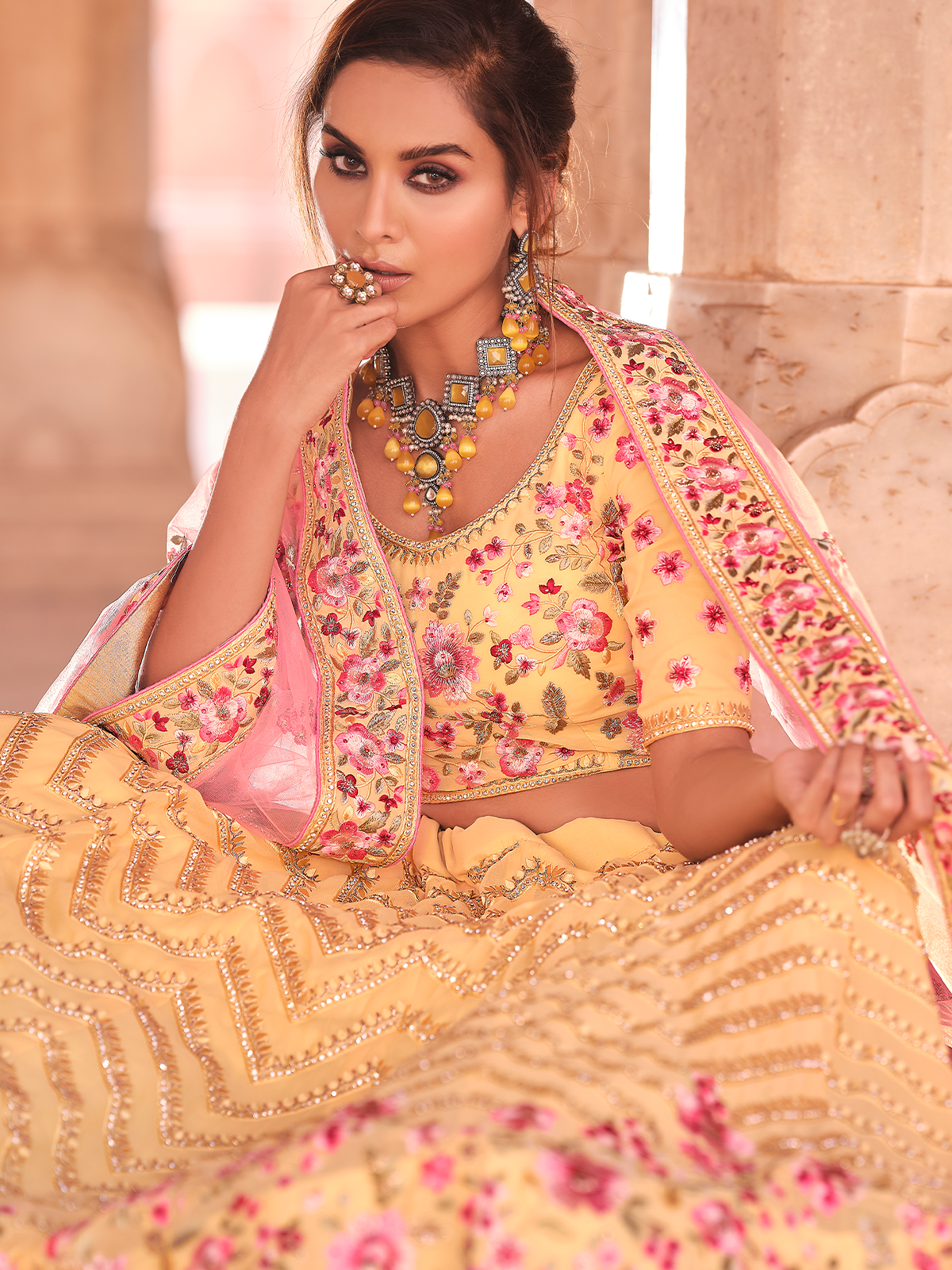 Yellow Embroidered Georgette Semi Stitched Lehenga With Unstitched Blouse