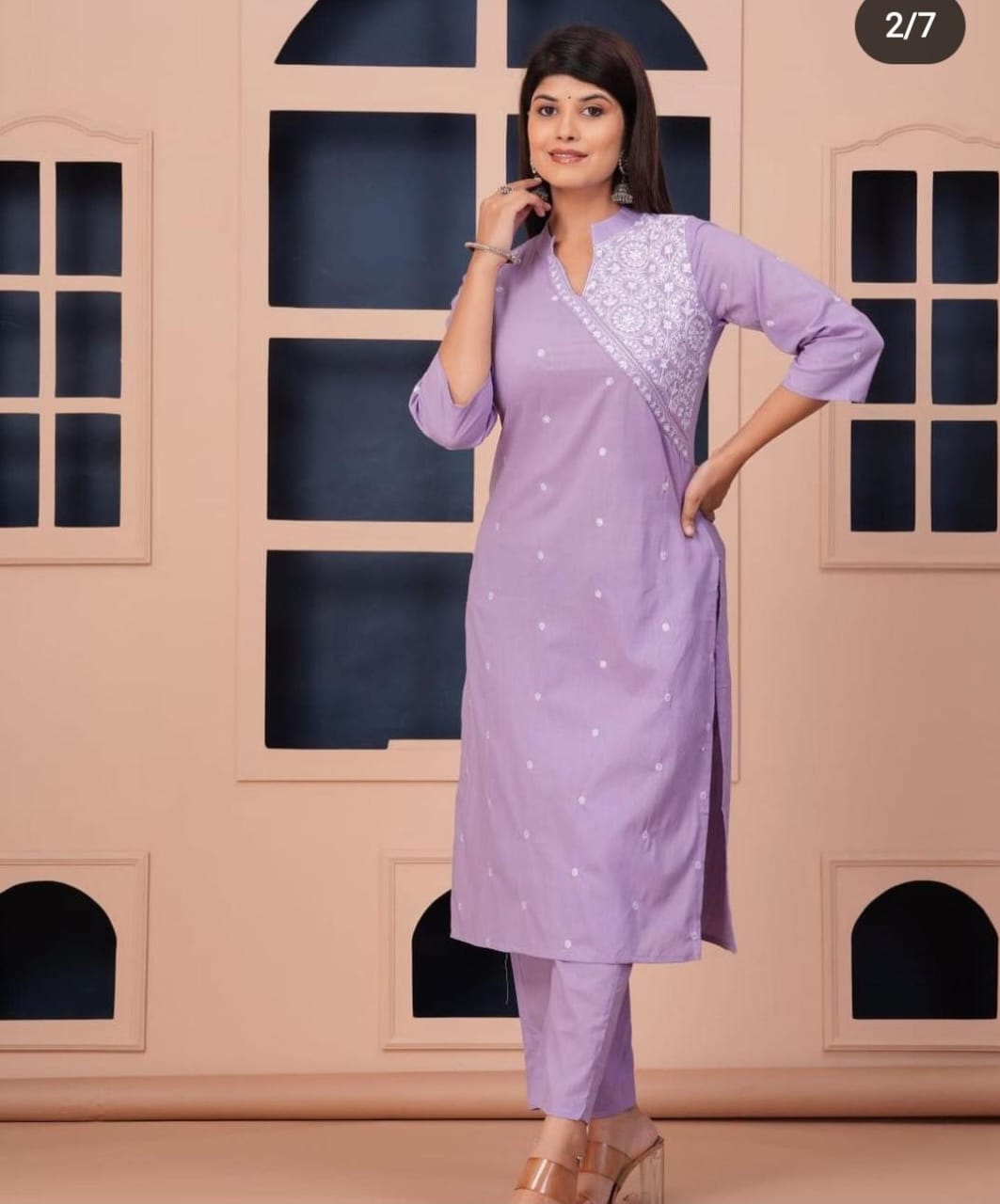 Lavender Monochrome Cotton Kurta Pant Set with Thread Embroidery