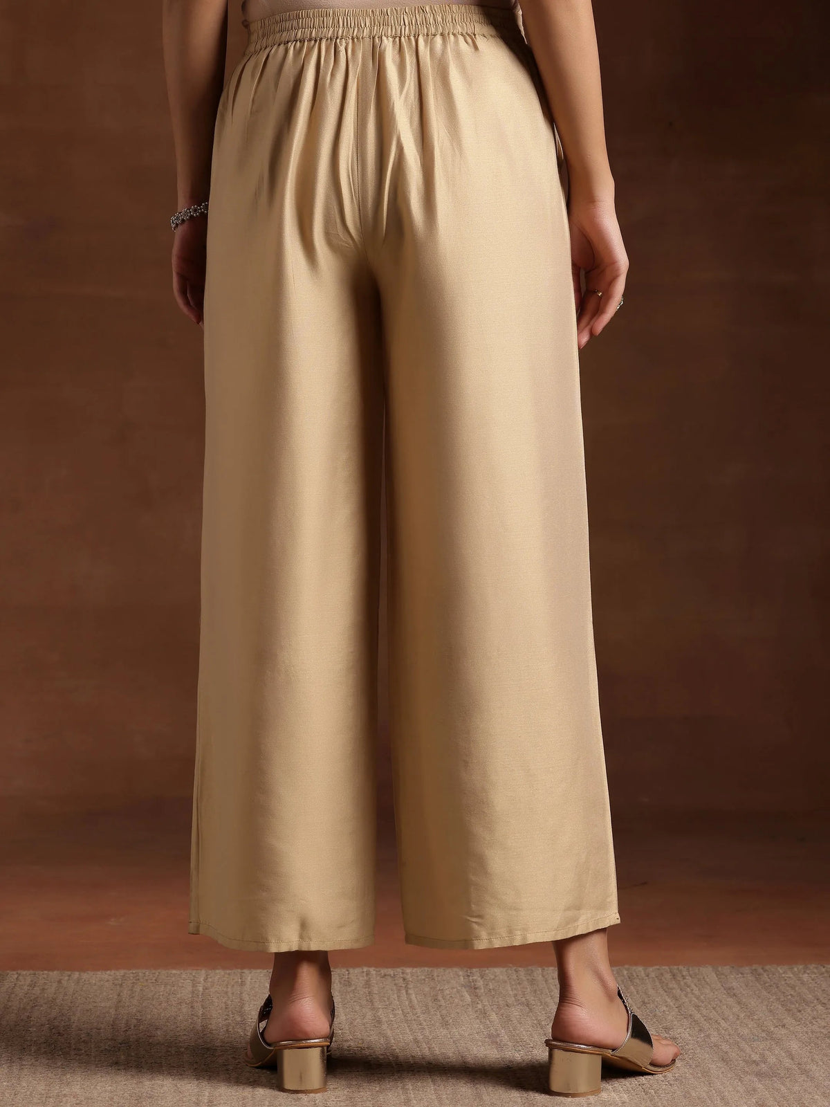 Anouk Beige Solid Silk Palazzos