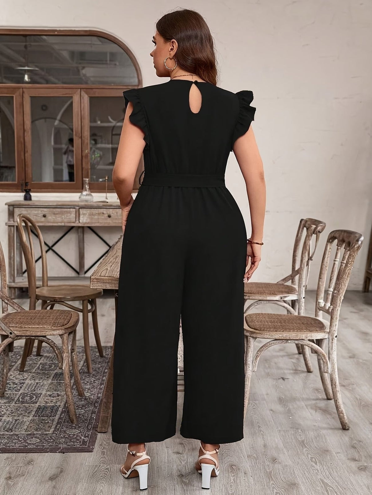 Elegant Ruffle V-Neck Belted Bodysuit – Solid Color Chic Women’s Top