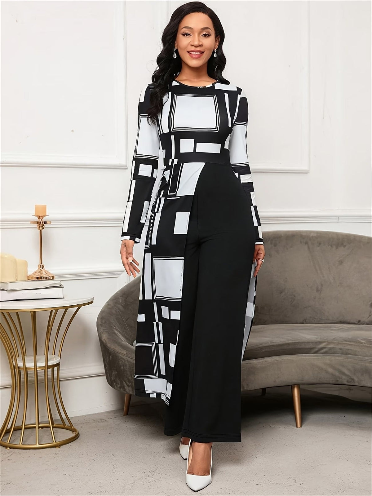 Chic Geometric Print Asymmetrical Jumpsuit – Long Sleeve Wide-Leg Elegant Commuter Wear
