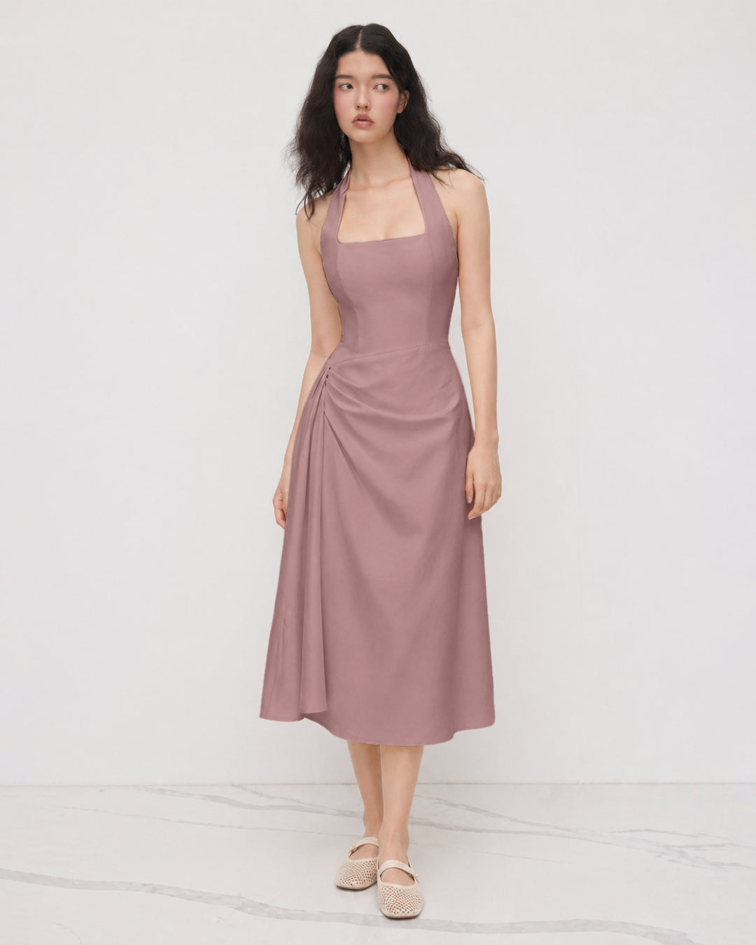 Halter Neck Fit and Flare A-Line Hem Sleeveless Midi Dress in Dusty Pink