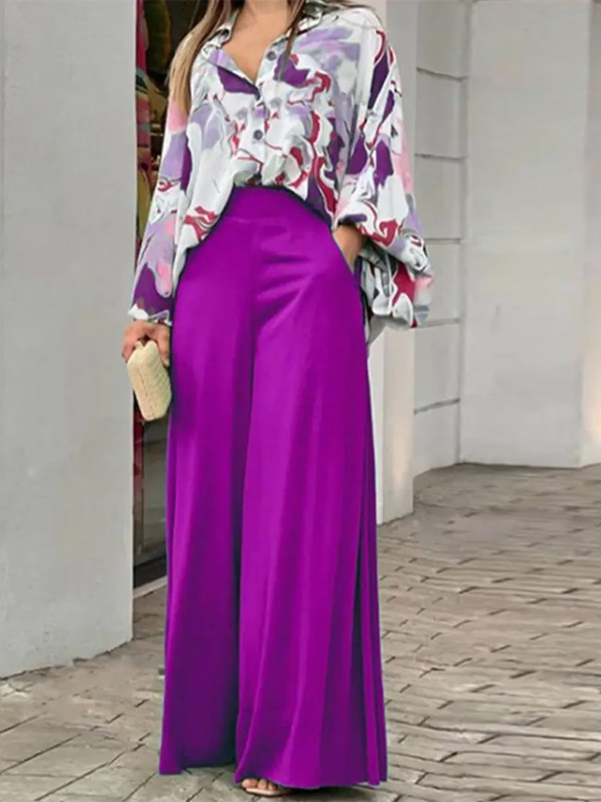 Chic Printed Shirt & Wide-Leg Trousers Set – Relaxed Stylish Two-Piece Outfit for Women