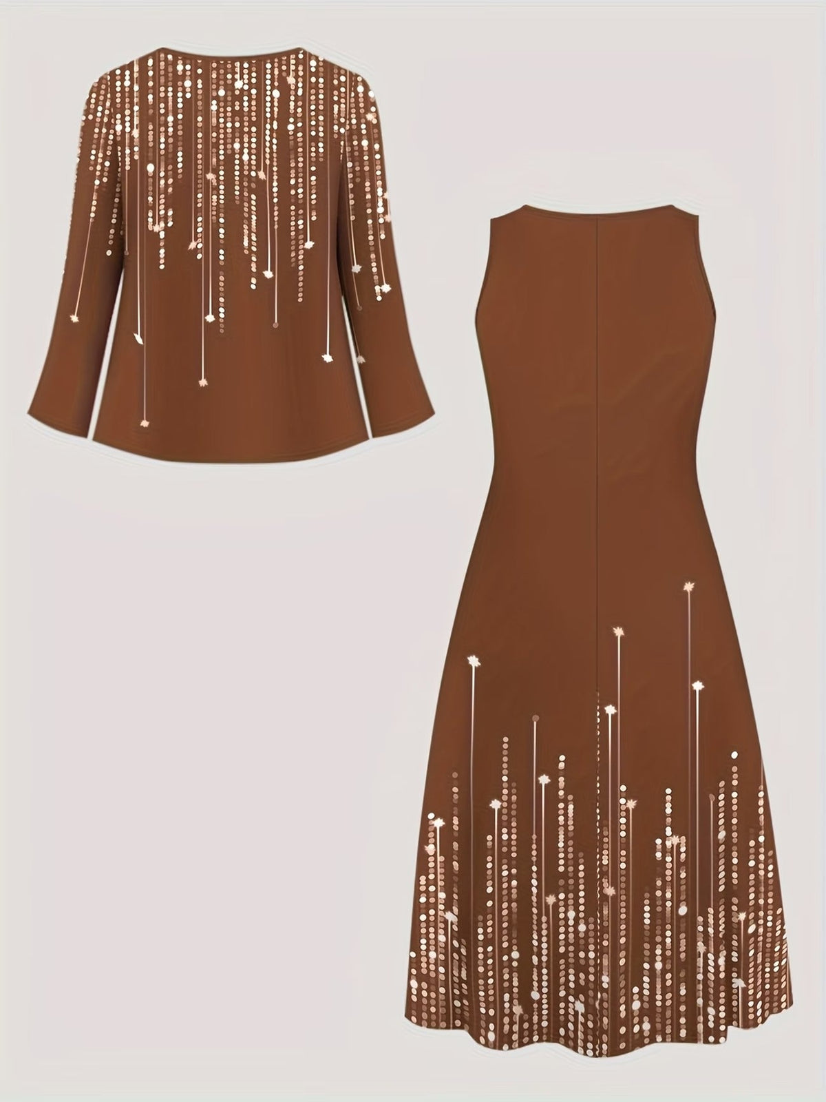 Elegant Layered Two-Piece Midi Dress Set with Tie-Front Cardigan – Flowy Printed Everyday & Occasion Wear