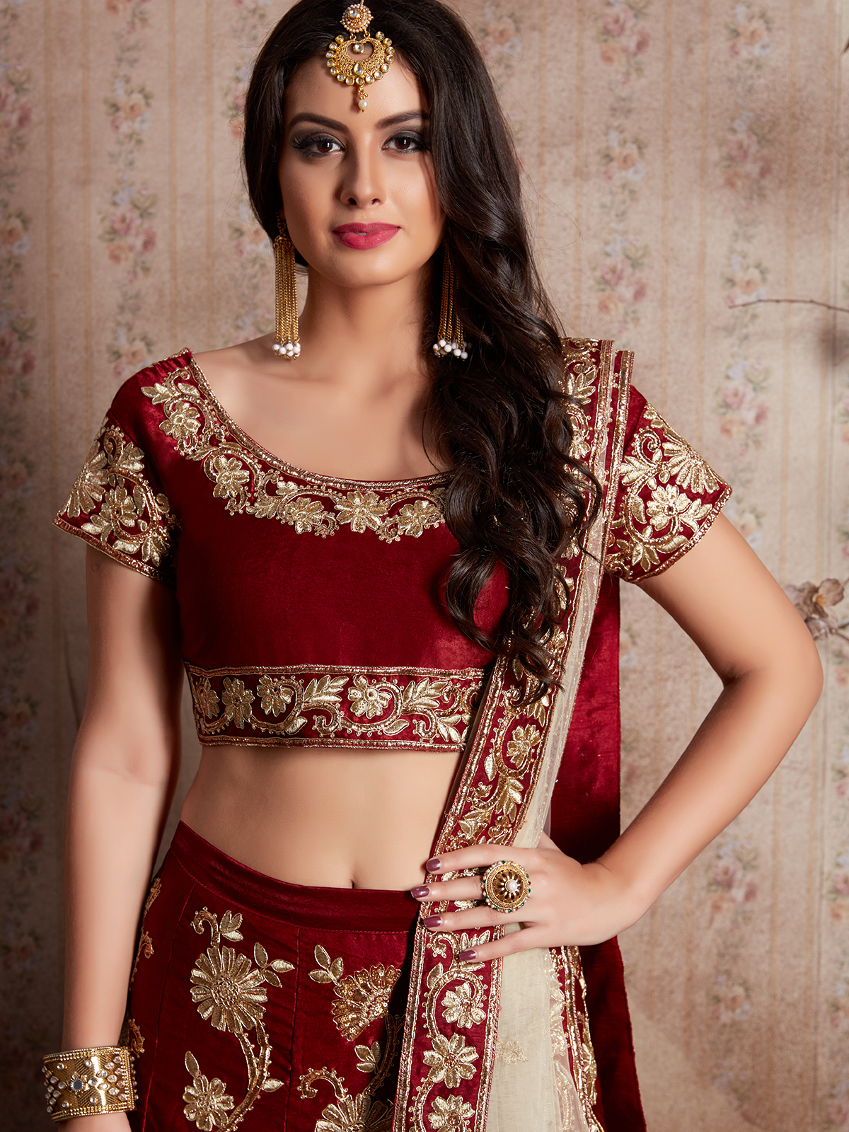 Maroon Embroidered Semi Stitched Lehenga With Unstitched Blouse