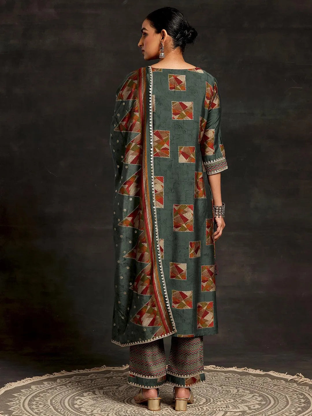 Anouk Green Printed Silk Blend Straight Suit With Dupatta