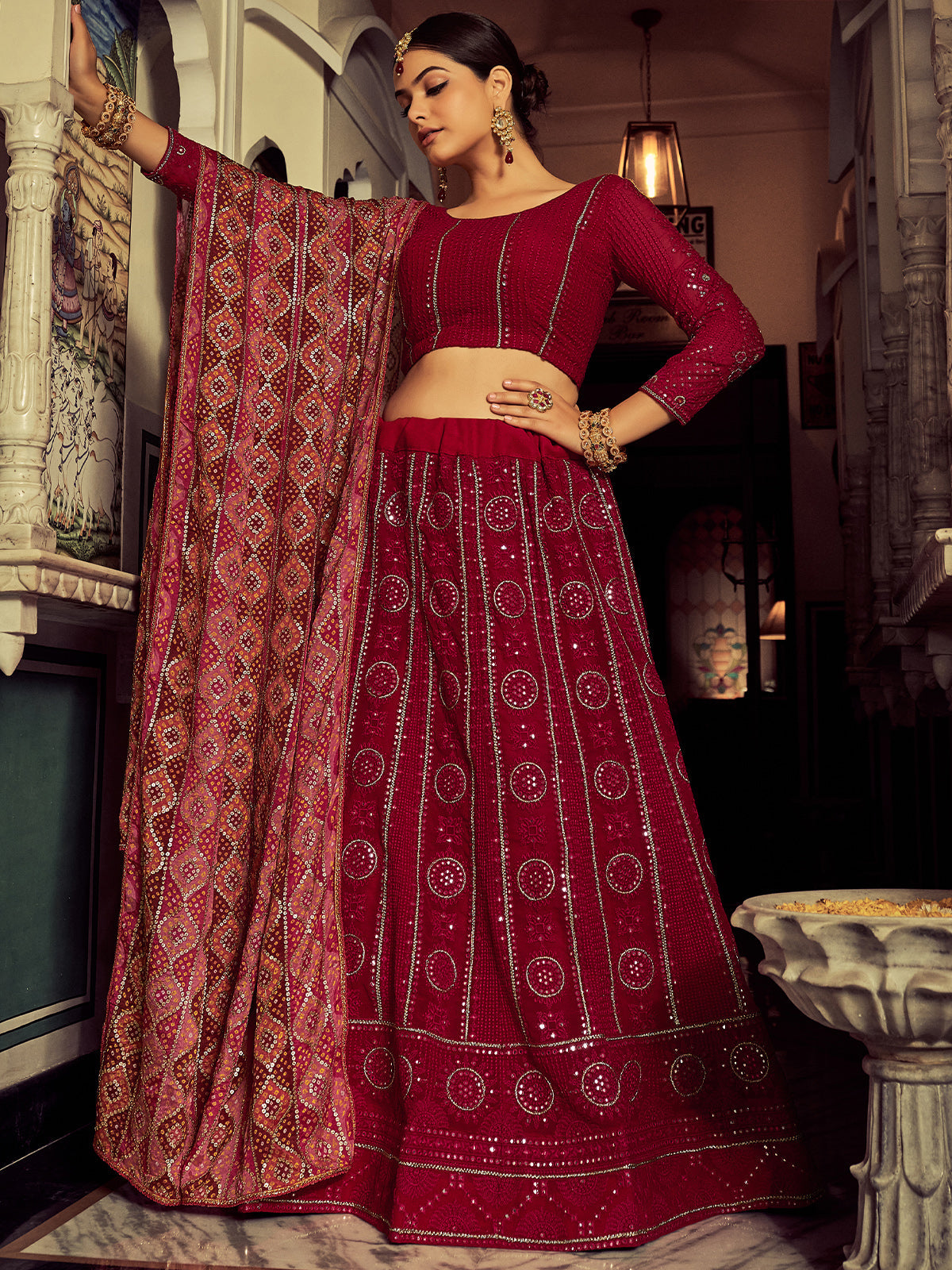 Embroidered  Pink Georgette Semi Stitched Lehenga With Blouse Piece