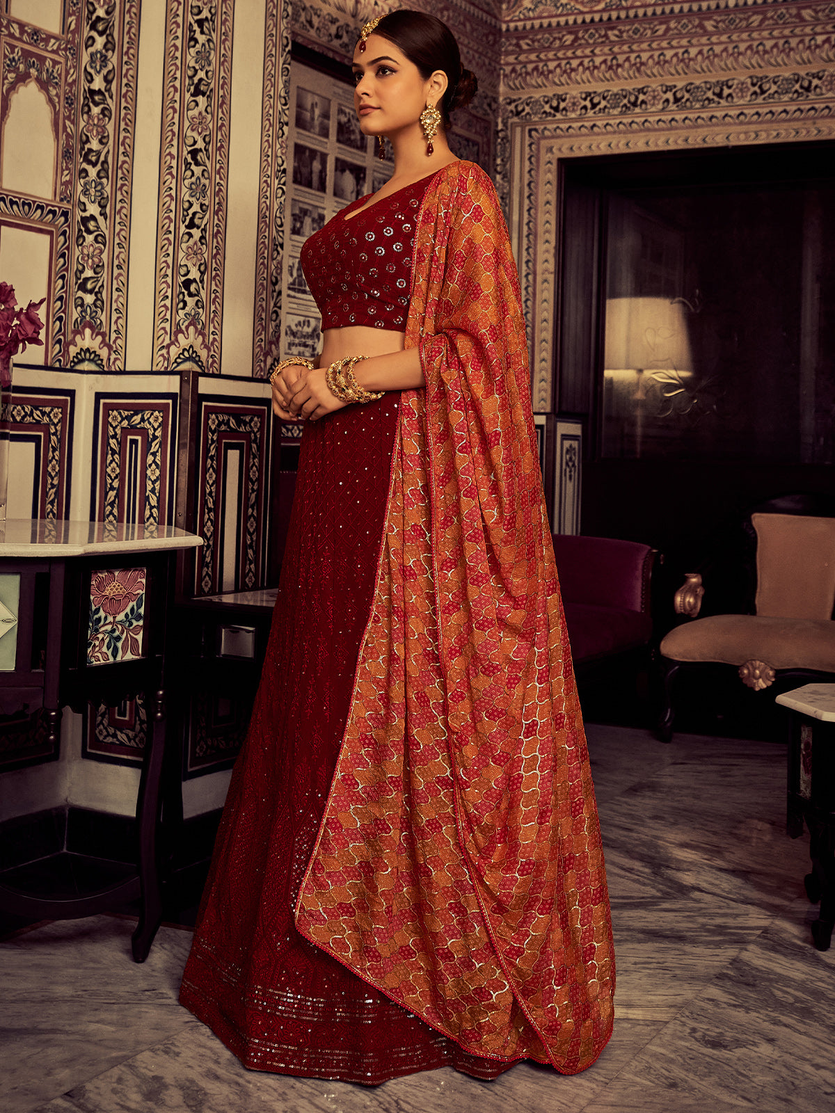 Stylish Maroon Embroidered Georgette Semi Stitched Lehenga With Blouse Piece