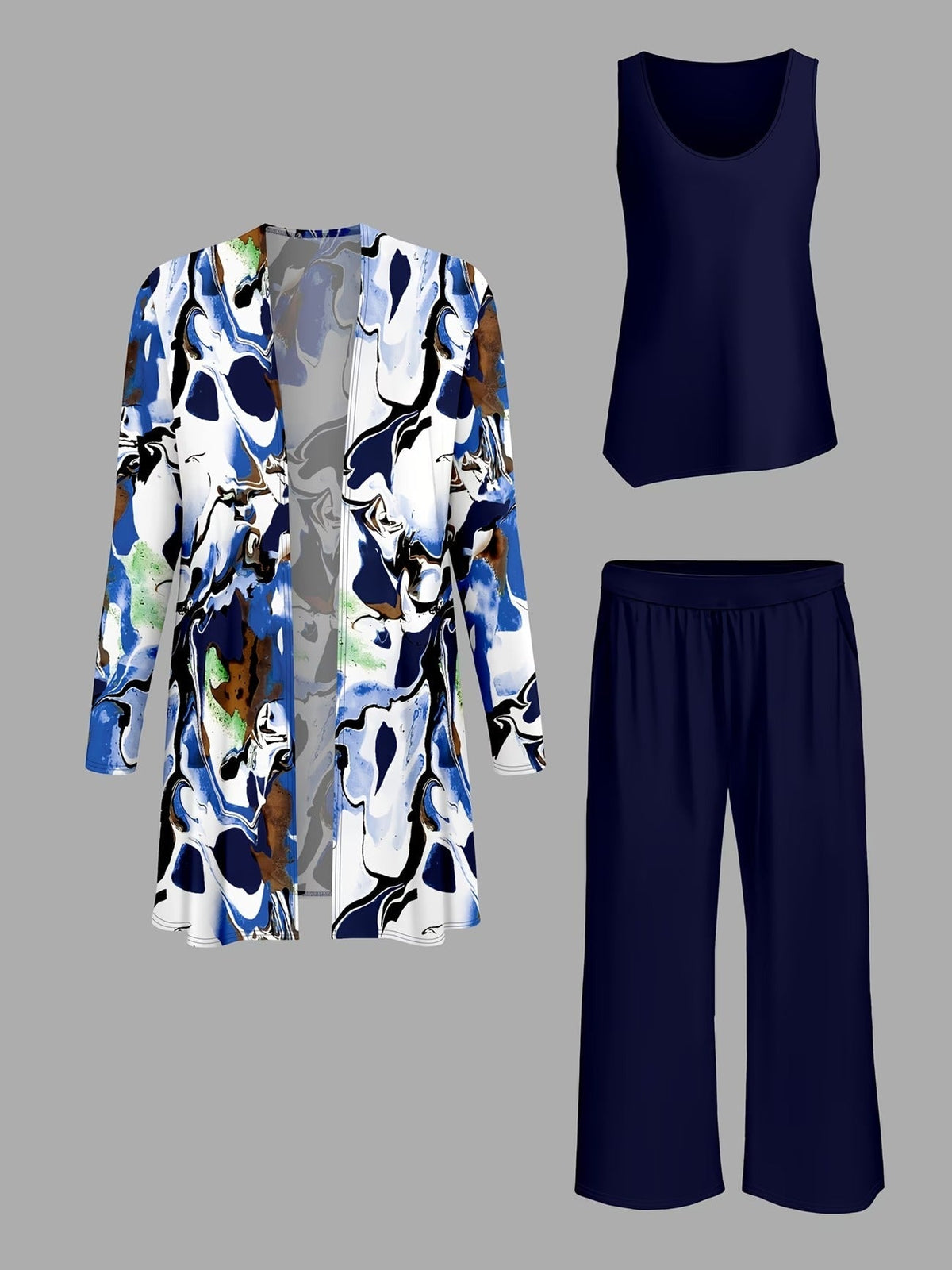 Elegant Striped Cardigan Blazer with Solid Vest & Wide-Leg Pants – Stylish 3-Piece Women’s Suit Set