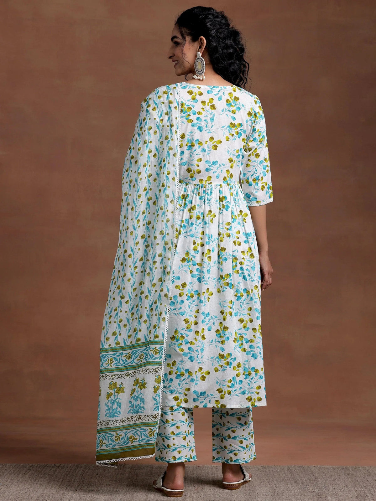 Anouk Off White Printed Cotton A-Line Kurta With Palazzos & Dupatta