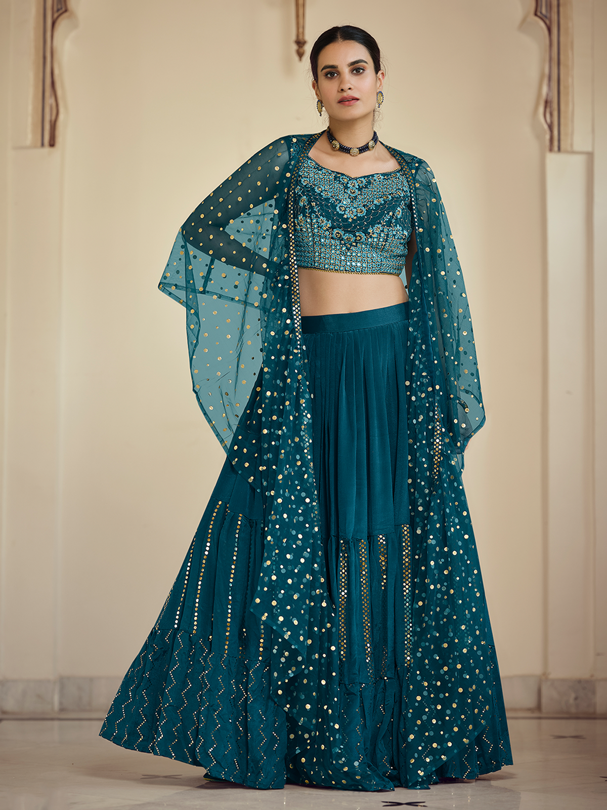 Teal Embroidered Crepe Semi Stitched Lehenga With Unstitched Blouse
