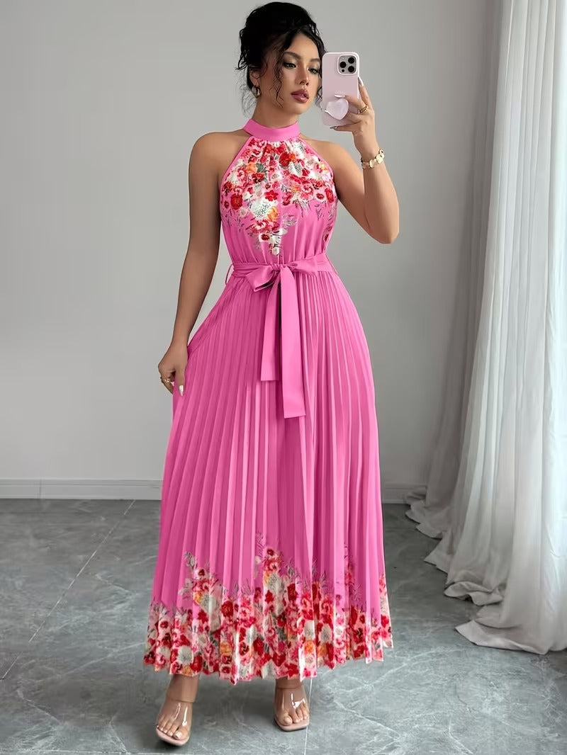 Elegant Floral Halter Neck Pleated Dress – Stylish & Comfortable Summer Outfit for Women