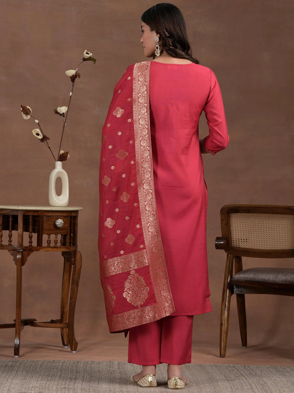 Anouk Pink Yoke Design Silk Blend Straight Suit With Dupatta