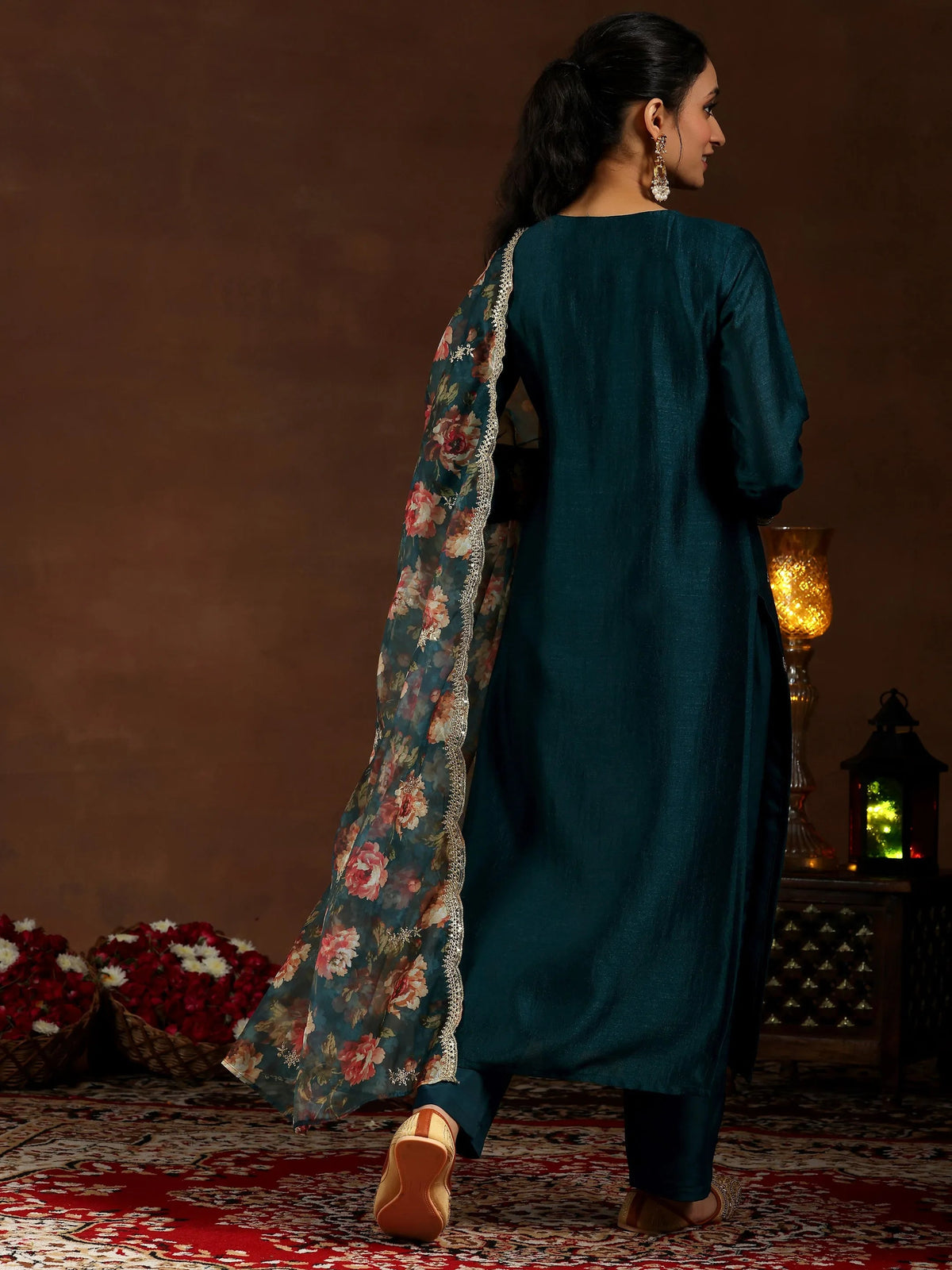Anouk Teal Embroidered Silk Blend Straight Suit With Dupatta