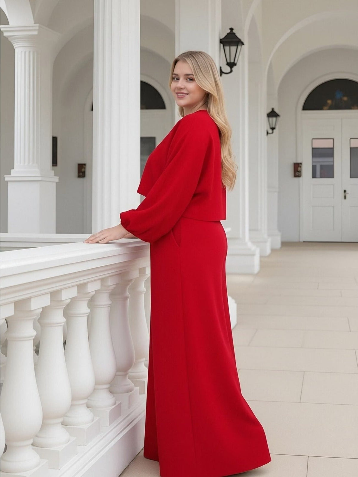 Plus Size Elegant Lantern Sleeve Top & Wide-Leg Pants Set – Chic Two-Piece Suit for Women
