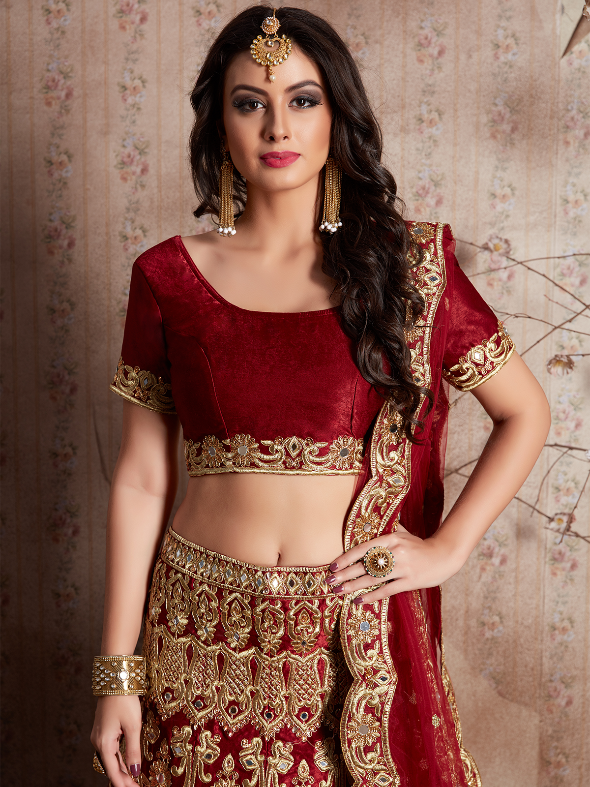 Maroon Embroidered Semi Stitched Lehenga With Unstitched Blouse
