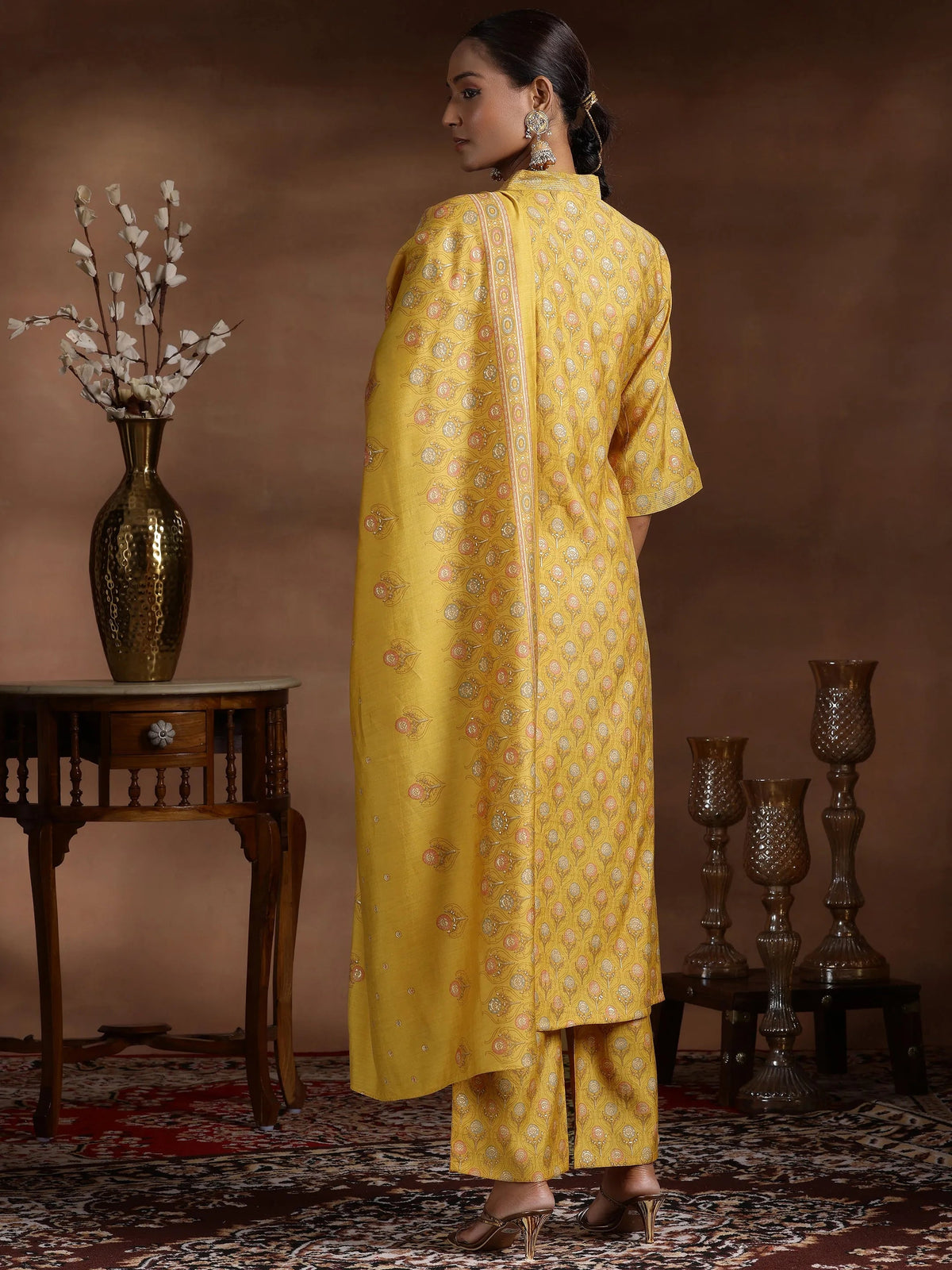 Anouk Mustard Printed Silk Blend Straight Suit With Dupatta