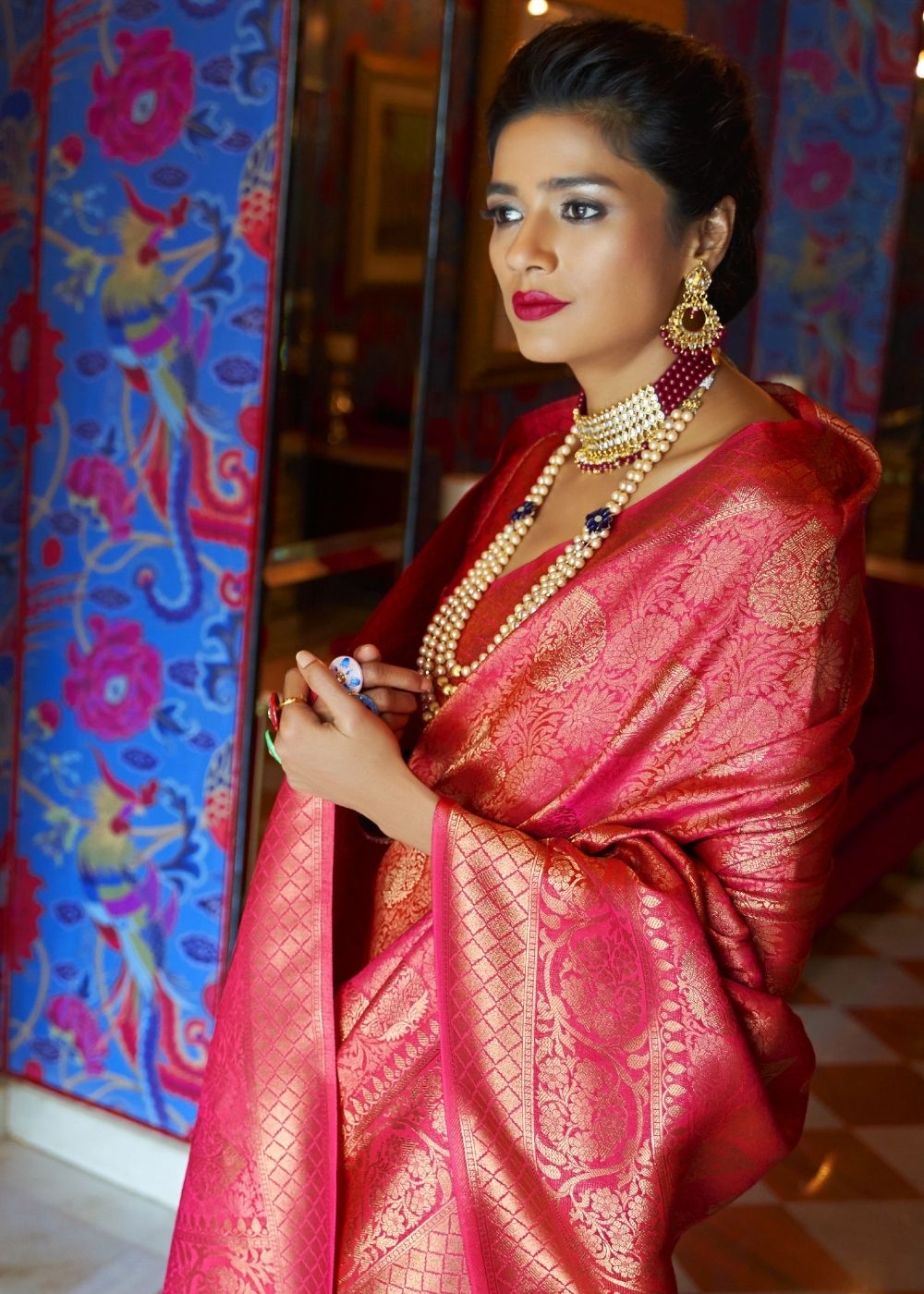 Hot Pink and Golden Blend Woven Kanjivaram Soft Silk Saree