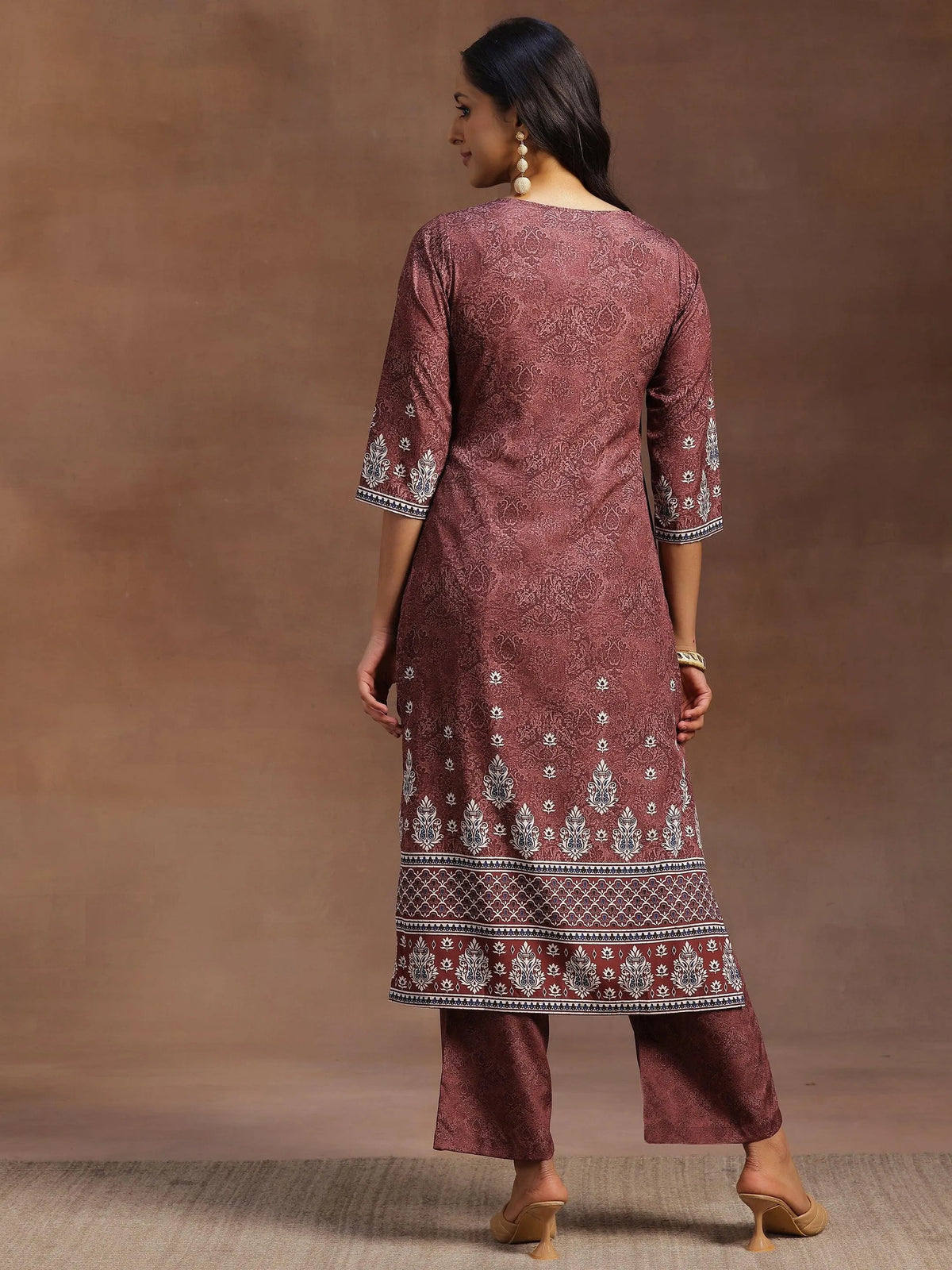 Anouk Brown Printed Poly Crepe Straight Kurta With Trousers
