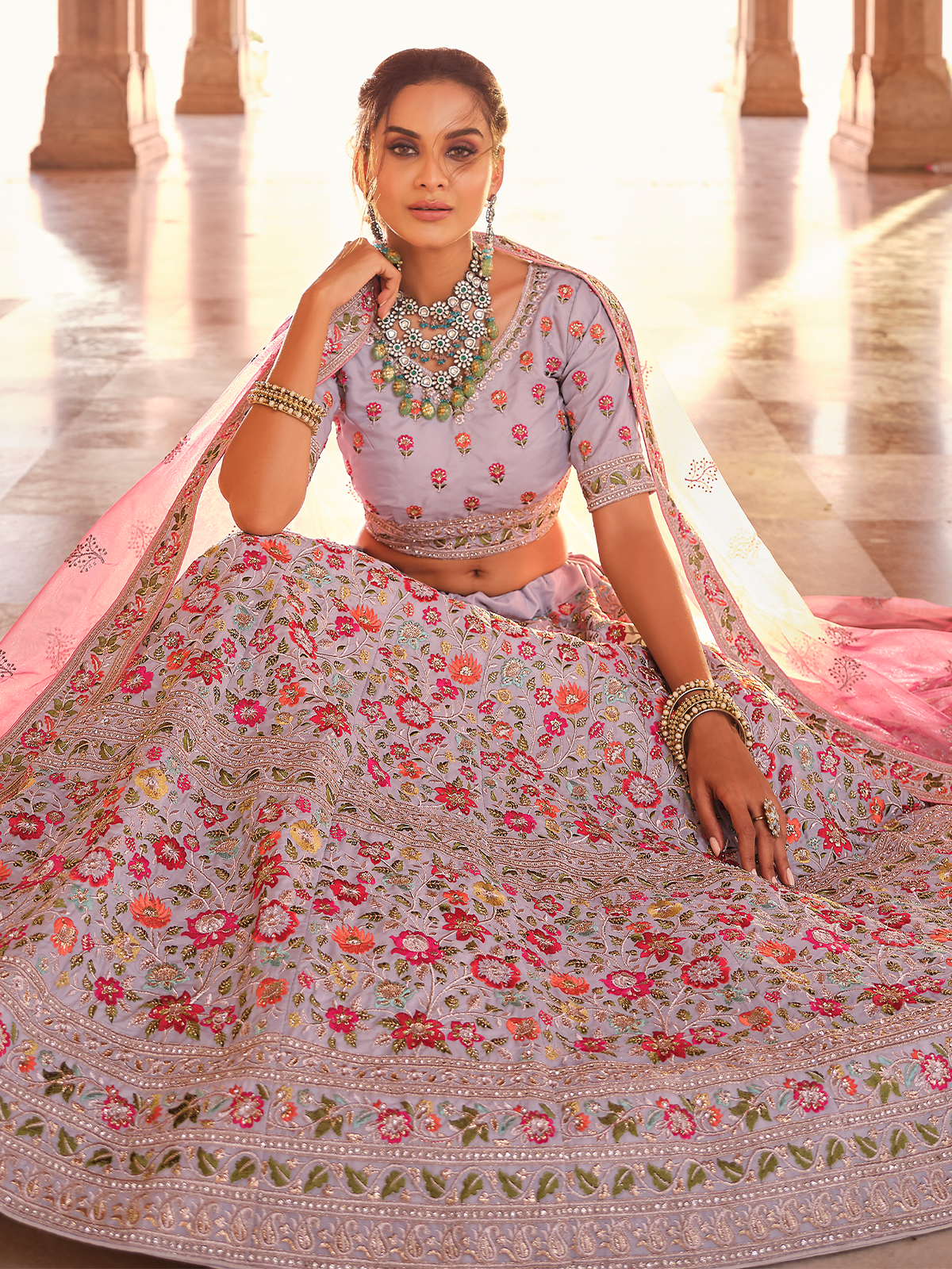 Grey Embroidered Crepe Semi Stitched Lehenga With Unstitched Blouse