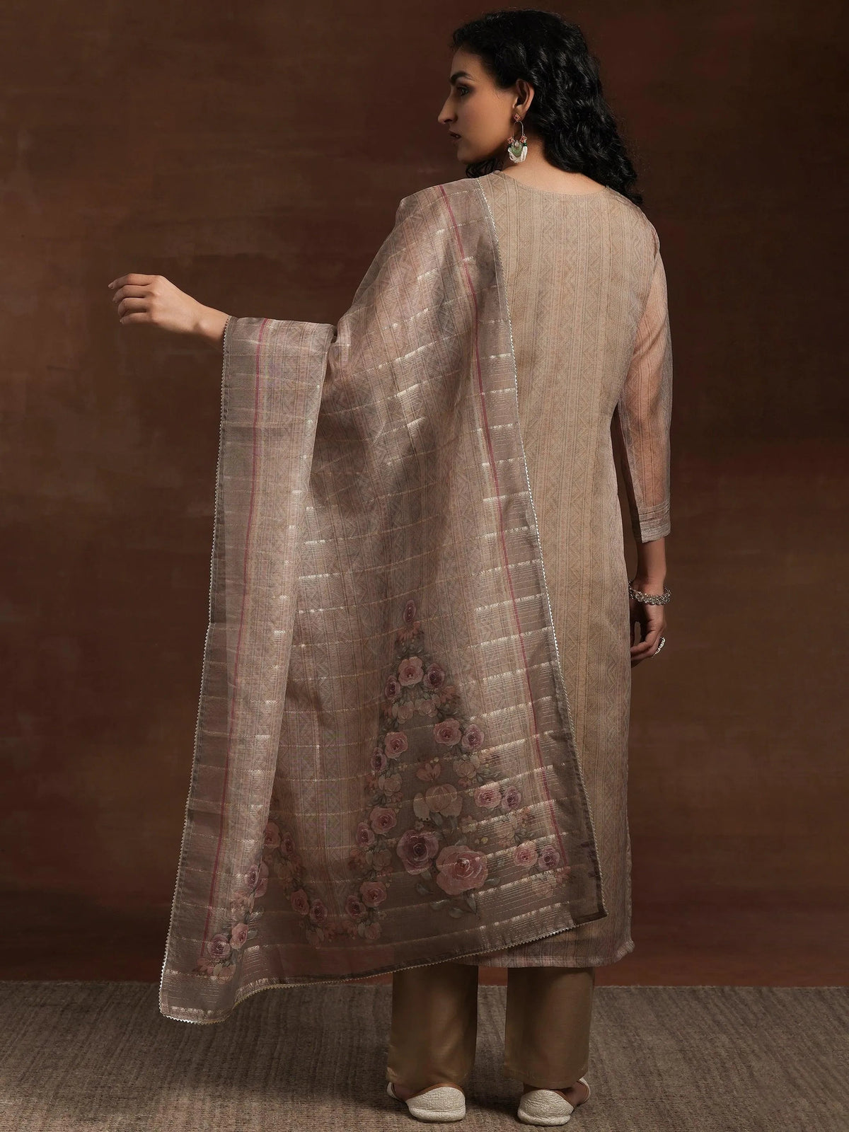 Anouk Tan Printed Organza Straight Suit With Dupatta
