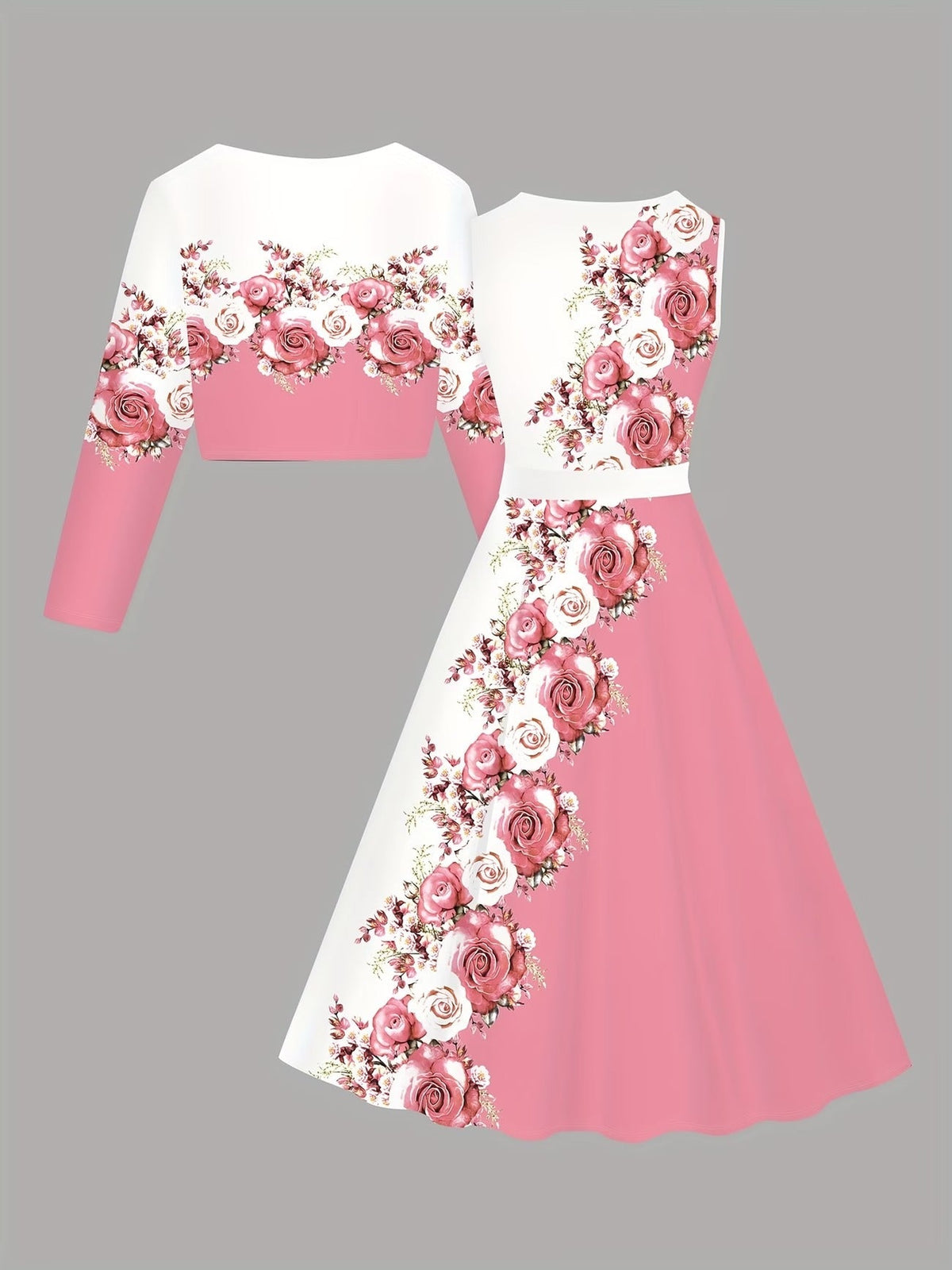 Women’s Pink & White Floral Dress with Short Jacket & Belt – Elegant 2 Piece Set