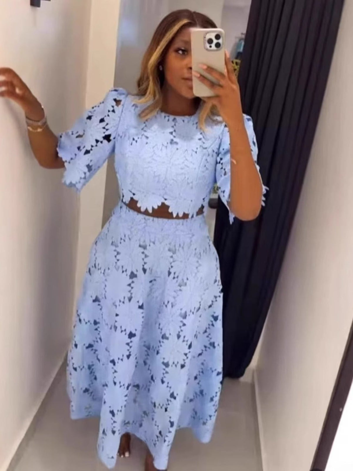Plus Size Embroidered Hollow-Out Crop Top & Resort Skirt Set – Elegant Spring/Summer Party Outfit