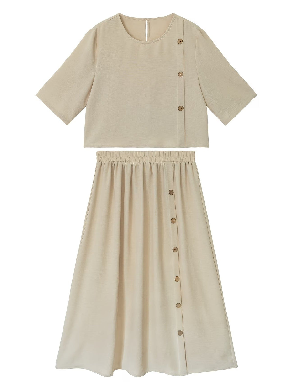 Elegant Summer Two-Piece Set – Round Neck Faux Button T-Shirt & Artistic Midi Skirt Outfit for Women