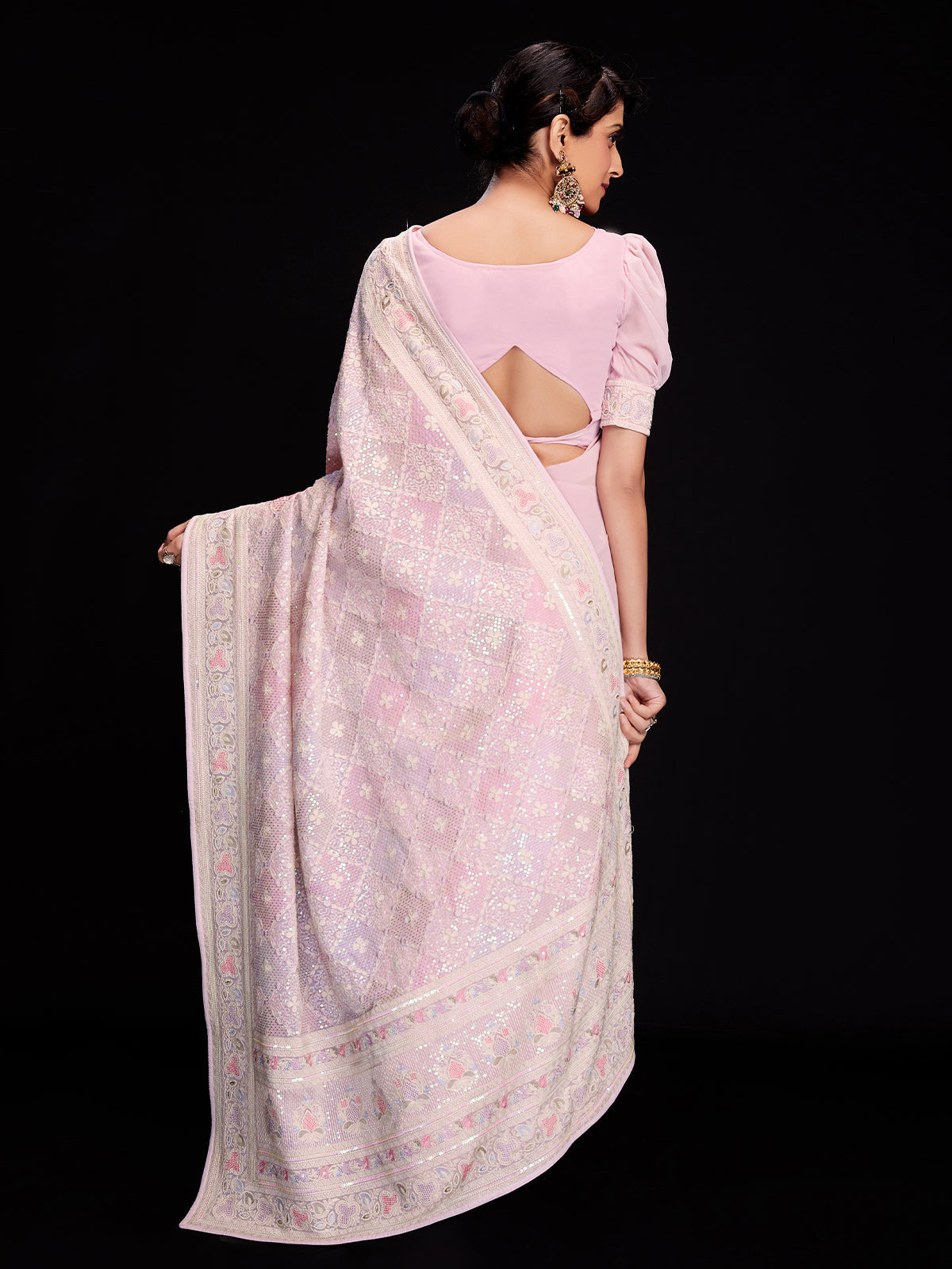 Pink Georgette Embellished Saree With Unstitched Blouse