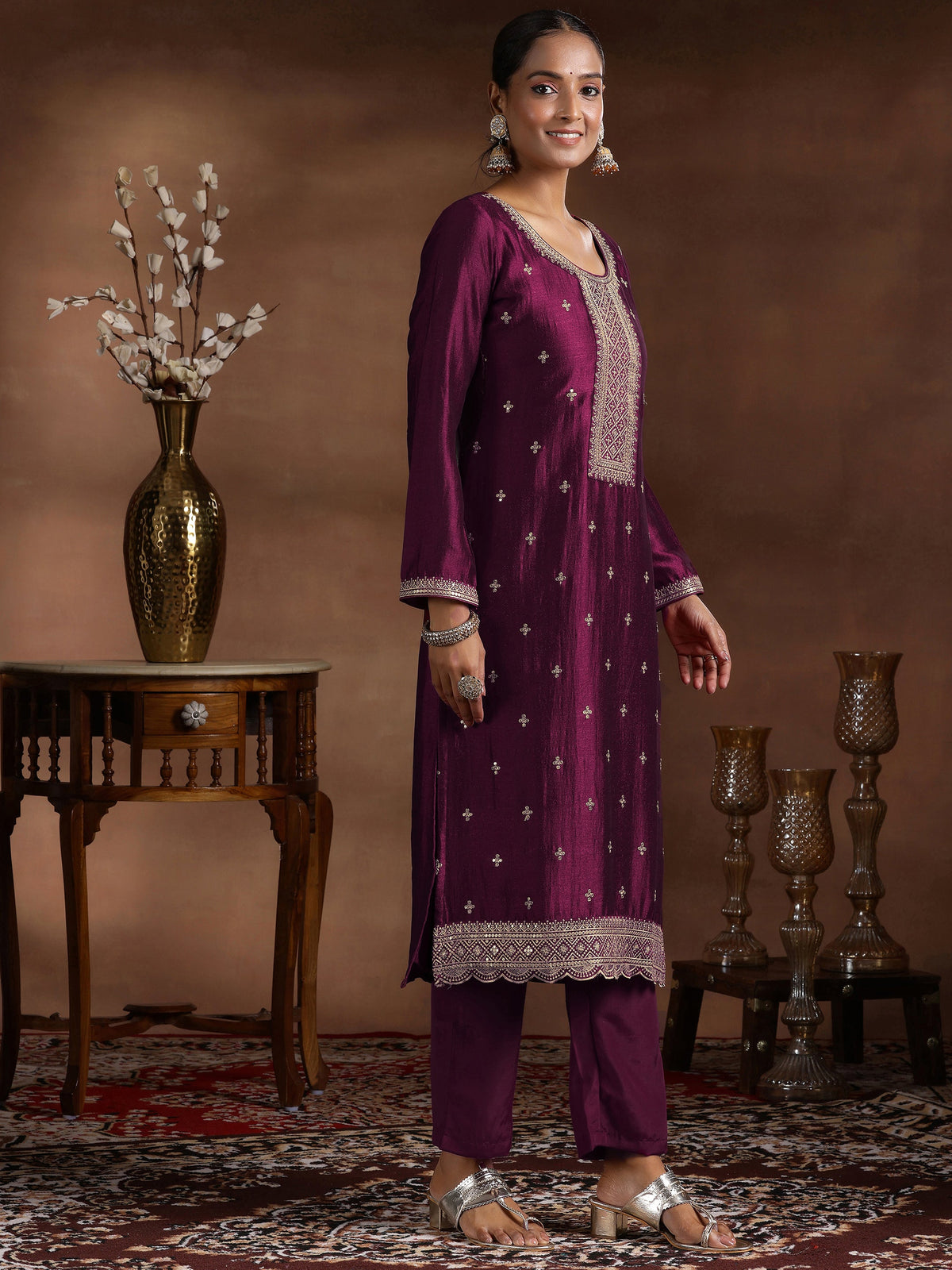 Anouk Wine Embroidered Silk Blend Straight Suit With Dupatta