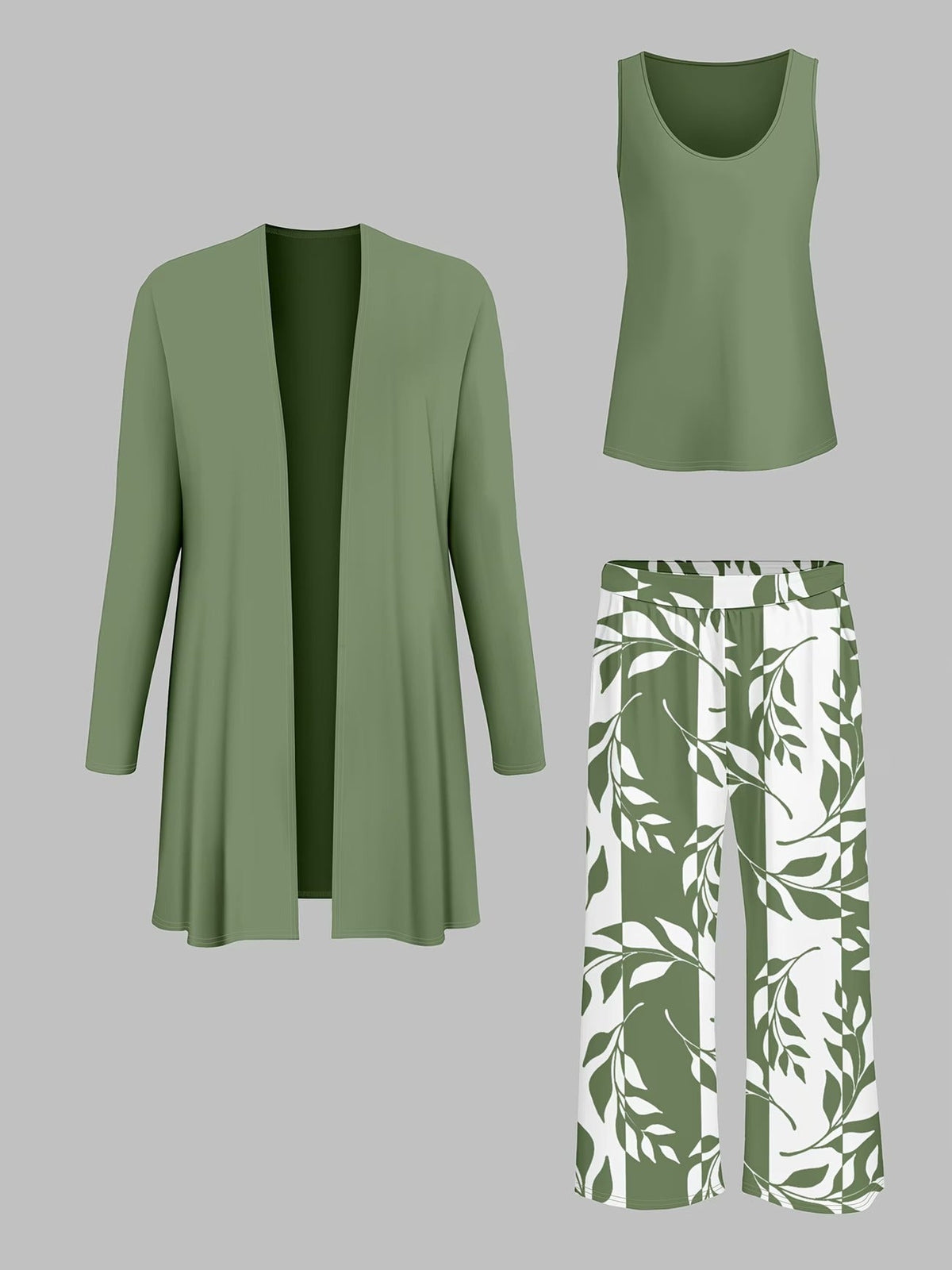 Elegant Solid Color Cardigan Jacket with Halter Top & Printed Plant Pattern Trousers – Stylish 3-Piece Women’s Set