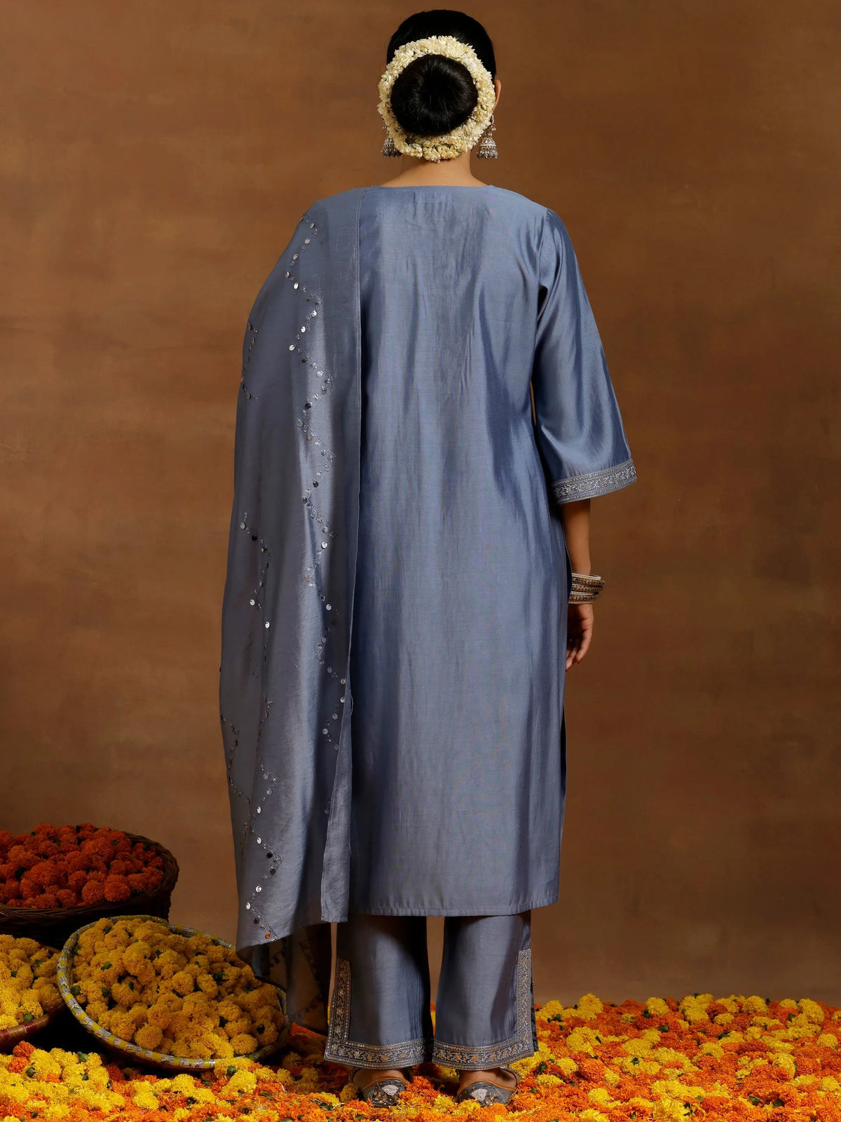 Anouk Grey Yoke Design Silk Blend Straight Suit With Dupatta