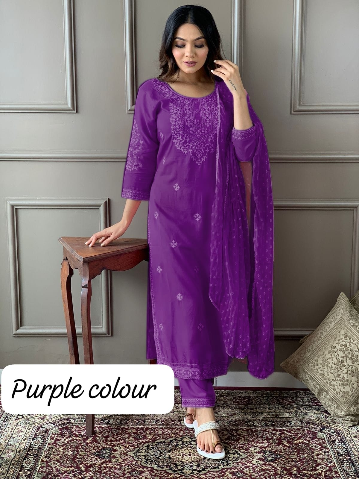 Purple Rayon Embroidered Kurta Set with Dupatta